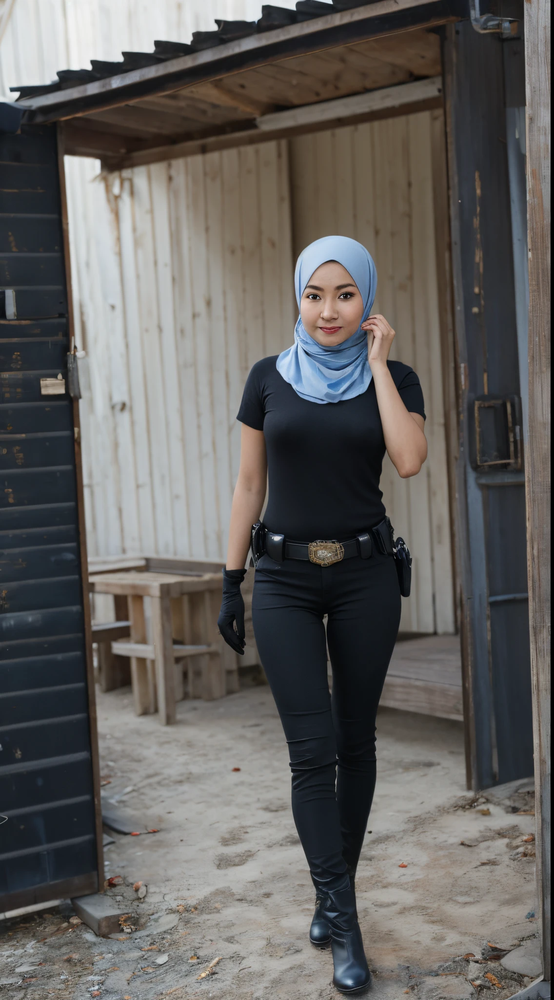 masutepiece, Best Quality, hight resolution, 1 malay girl in, Solo, hijab, Blue eyes, Black Gloves, sexy  Police Uniform, black tight pants, Short sleeves, Cowboy Shot,