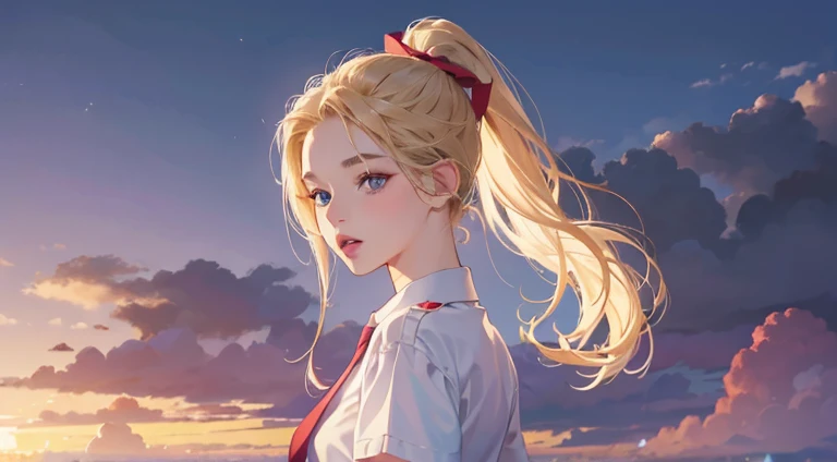 4k, (masterpiece), best quality, high quality, realistic, absurdres, highres, ultra detailed, 1girl, mature female, ultra-detailed,extremely detailed face, girl, pretty, beautiful, very cute, cute face, 15 years old, portrait, no makeup, short eyelashes,opened mouth, sandy blonde hair, ((blue eyes)), high ponytail, white shirt, short sleeve shirt, green skirt, pleated skirt, long skirt, red ribbon necktie, looking back, upper body purple sky background