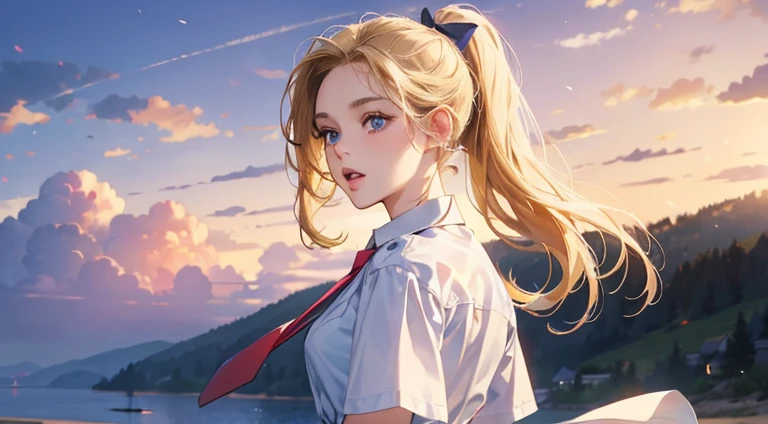 4k, (masterpiece), best quality, high quality, realistic, absurdres, highres, ultra detailed, 1girl, mature female, ultra-detailed,extremely detailed face, girl, pretty, beautiful, very cute, cute face, 15 years old, portrait, no makeup, short eyelashes,opened mouth, sandy blonde hair, ((blue eyes)), high ponytail, white shirt, short sleeve shirt, green skirt, pleated skirt, long skirt, red ribbon necktie, looking back, upper body purple sky background