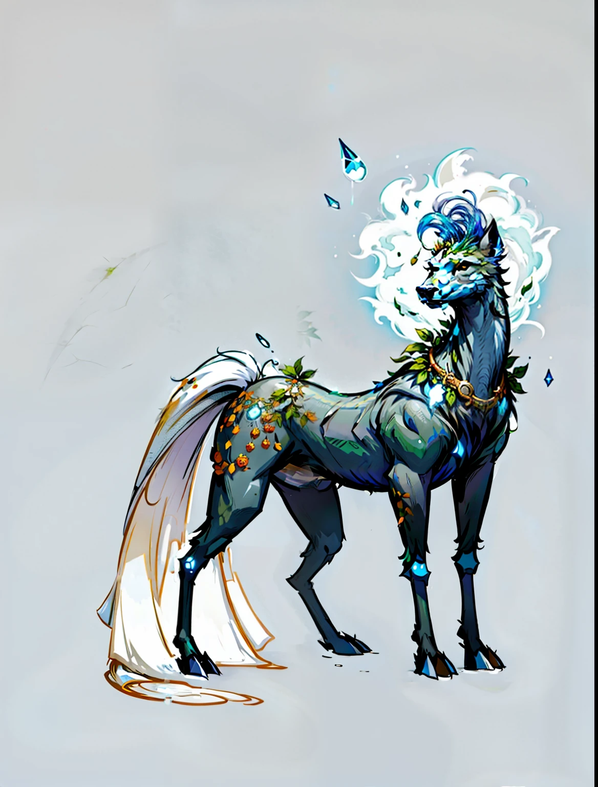 there is a creature with a white tail and leaves on its back, mythical creature, overgrown with shiny drops, in full height, lineless, Druid, the non-binary deity of spring