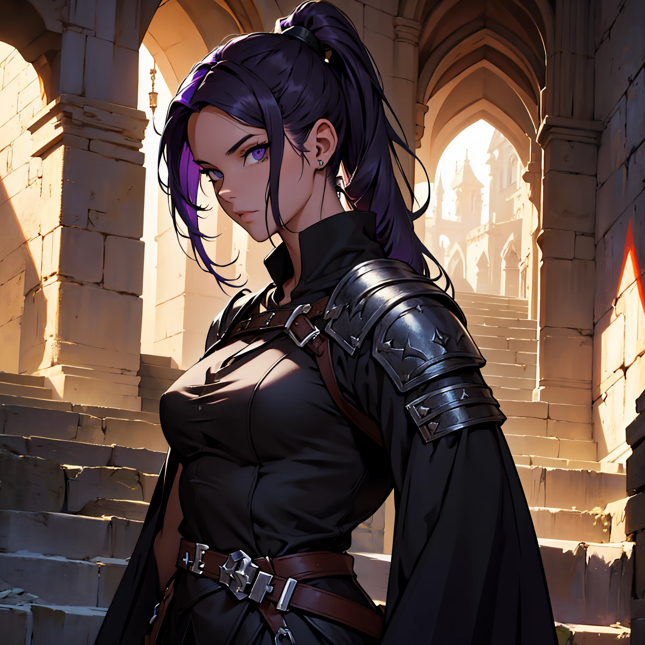 ​masterpiece, Best Quality, detailed, person upper body, 4k, Background with: medieval dungeon stairs, Black Hun Mercenary, dark purple ponytail hair, black leather clothes
