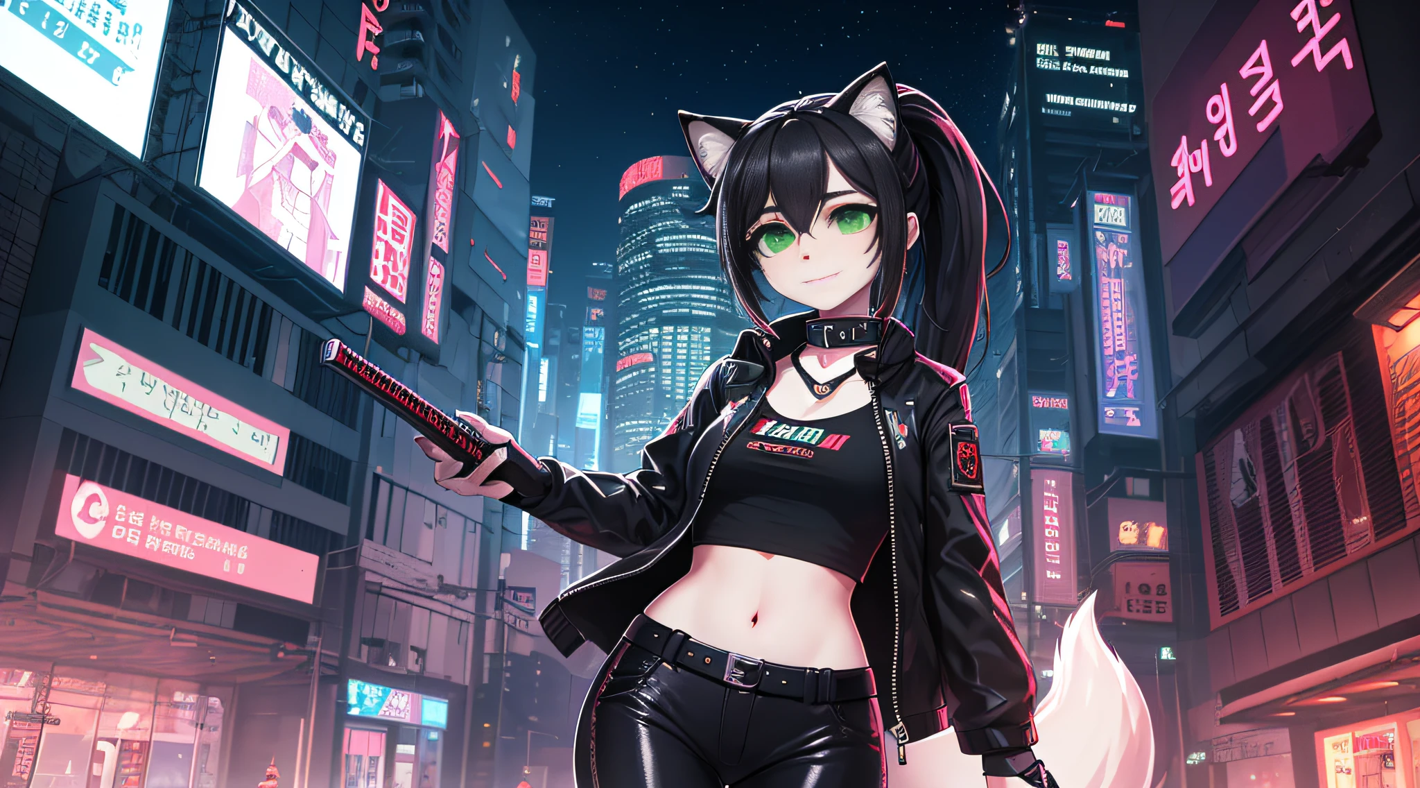 fox cyberpunk edge runner, cat woman (tmasterpiece, Best quality, 8K, Focus sharp, depth of fields, The best shadow, perfect litthing, HighDynamicRange, skin texture, Ultra detailed backgrounds), style of anime, Long angle shooting, ((Cyberpunk themed)), own, 1人の女性, She a mercenary, (Green-eyed, white skinned, black hair ponytail, collars, small, Slim, cosmetics, eyeline, Gloss degree), She works in a future Korean city, Grip the technical katana, natta, sky sky, Chop the moon, Wear a nice technical jacket and leather pants.