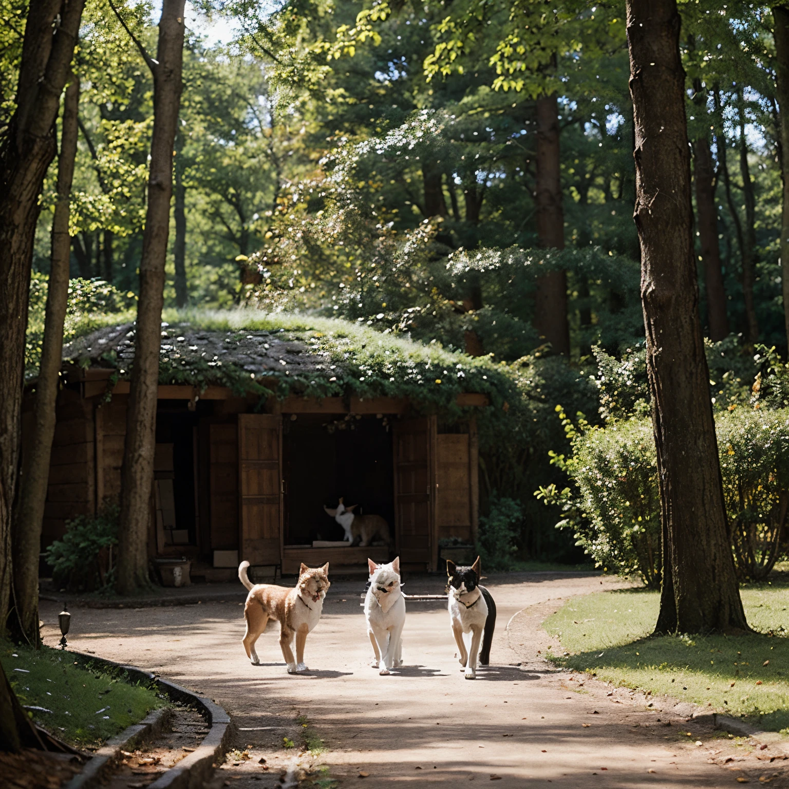 1 dog walks with 3 cat walk in a fantasy, magic forest