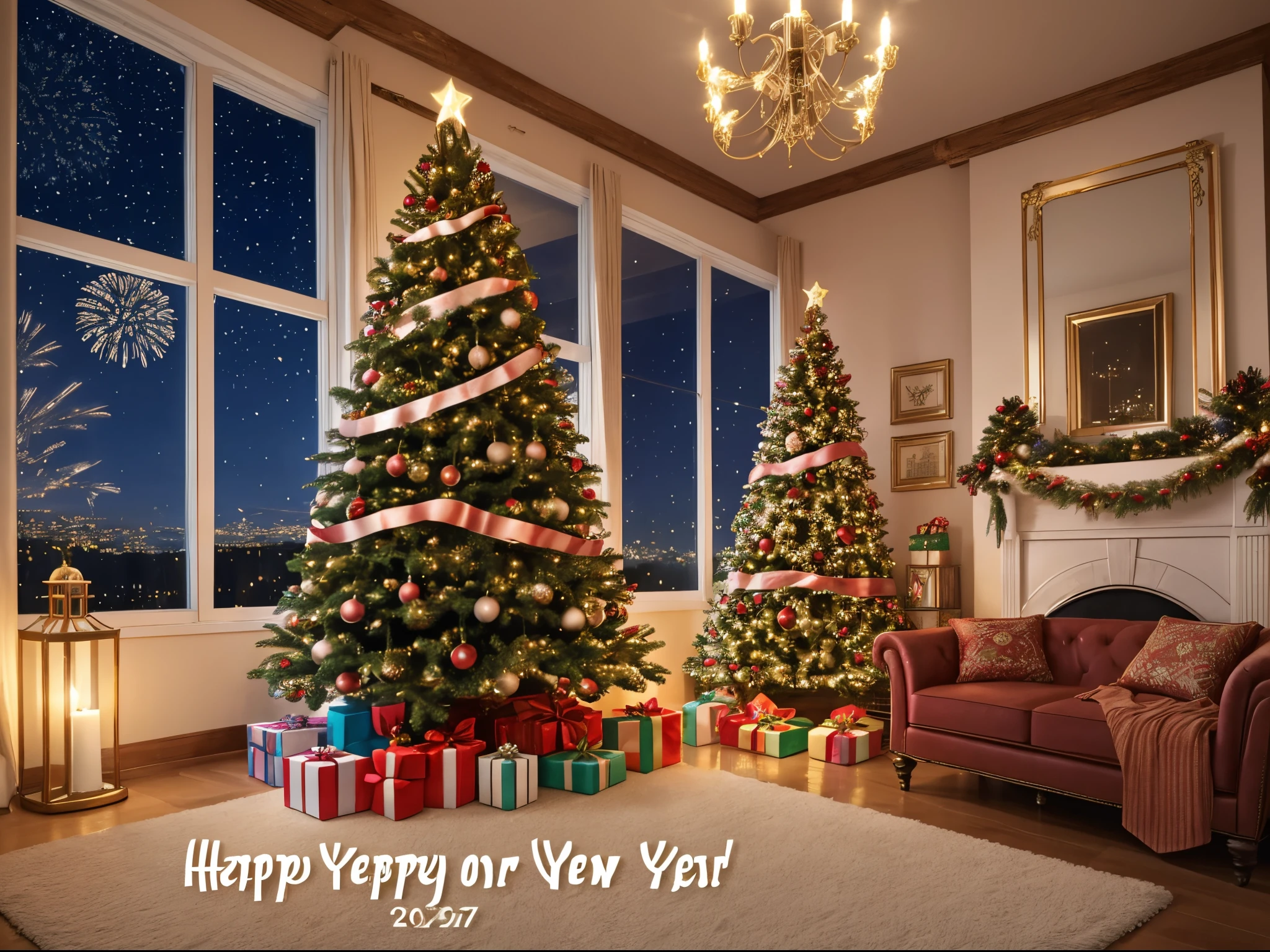 Create a greeting card, gift card, Happy New Year greeting card design!  A cozy festive atmosphere, a room decorated with New Year's garlands and multi-colored light bulbs, in the center of the room there is a New Year's pine tree decorated with toys with a glowing star on the top, under the tree there are New Year's gifts, in the room there is a window through which fireworks can be seen, artistic hand-drawn style, watercolor style, text at the top of the postcard  "Happy New Year"