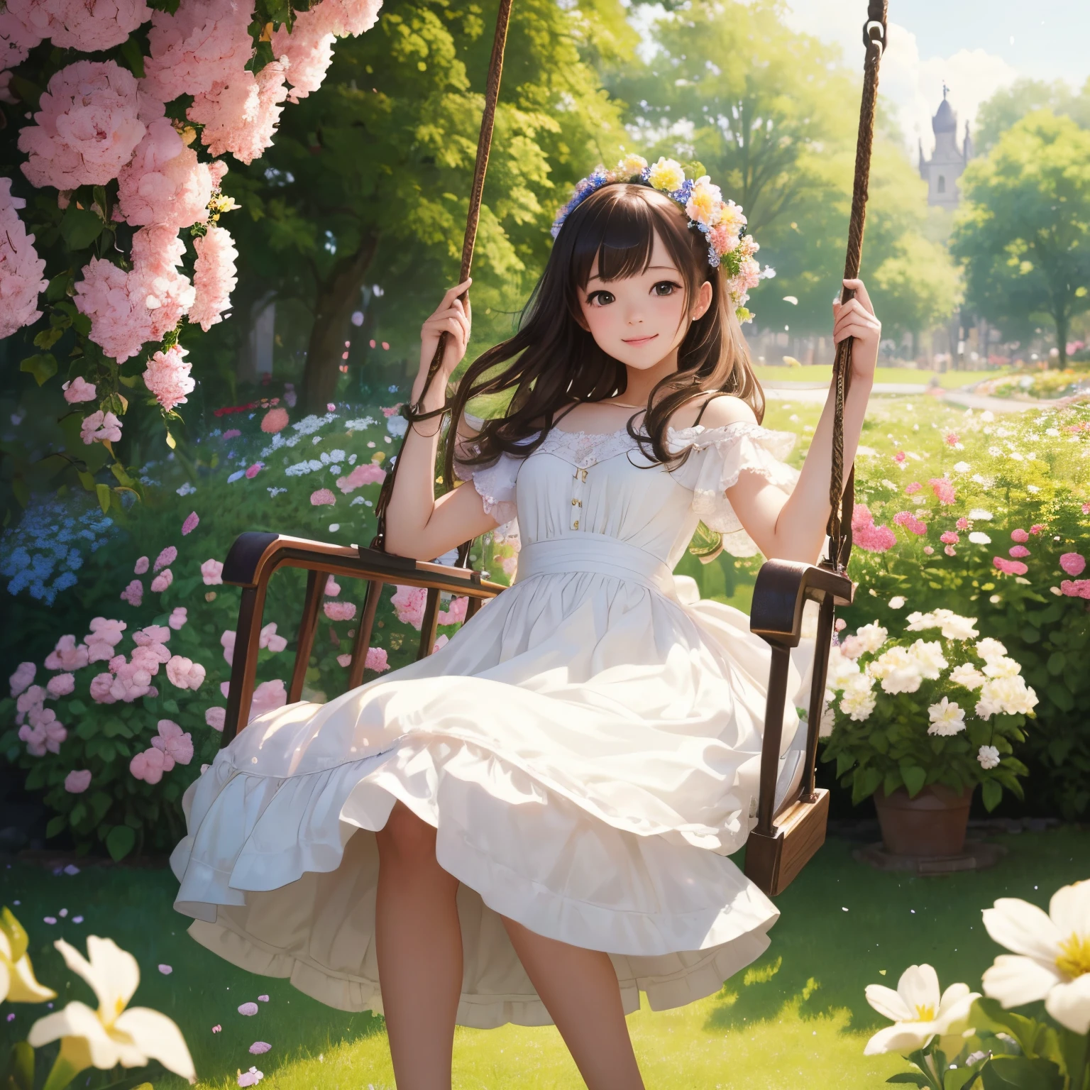 Cute young girl、One girl、Beautifully detailed eyes、Beautifully detailed lips、Highly detailed face、Long eyelashes、、Innocent look、Childish、Porcelain-like skin、wearing a frilled dress、Sitting on the swing in the garden、surrounded by flowers、Sunlight filtering through the trees、pastel colour、Soft lighting、delicate、Fantasy、beautiful、(Highest quality、4K、8k、High resolution、masterpiece:1.2)、Super detailed、(Real、Photorealistic、Photorealistic:1.37)