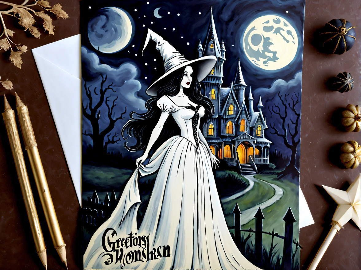 (vintage:1.3), (solo:1.3), (close up:1.3), design a (captivating gothic) (((postcard))) featuring a witch standing in front of a haunted mansion at starry night, the witch  dressed in a long flowing white gown, with a pointed hat and a broomstick, the mansion  old and decrepit, with spooky details and full moon casting an eerie glow, ((the postcard has handwritten text that reads "Greetings from the Wicked Witch's Lair)), mysterious and enchanting, More Detail