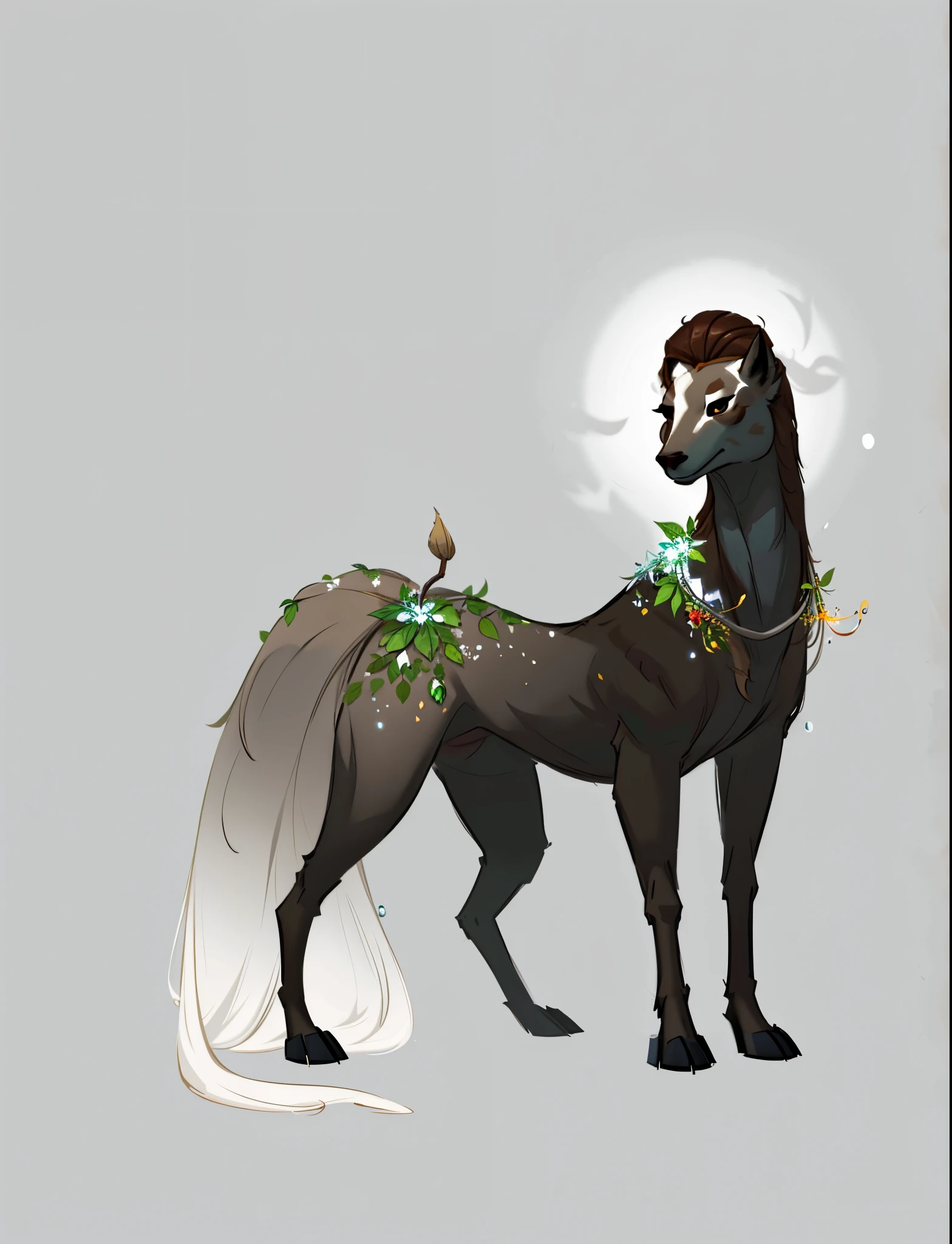 there is a creature with a white tail and leaves on its back, mythical creature, overgrown with shiny drops, in full height, lineless, Druid, the non-binary deity of spring, brown creature