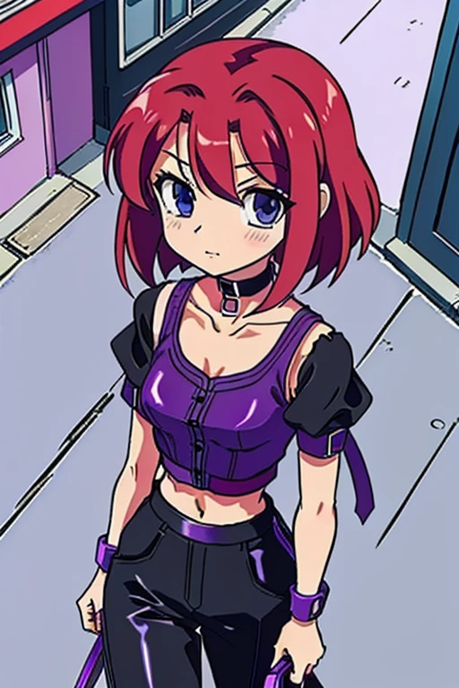 Retro anime, 2000s anime, 2000s anime, early 2000's inspired anime, (best-quality:0.8), (best-quality:0.8), perfect anime illustration, pretty woman walking through the city, short red hair, violet vest, midriff, bare shoulders, black latex pants, choker