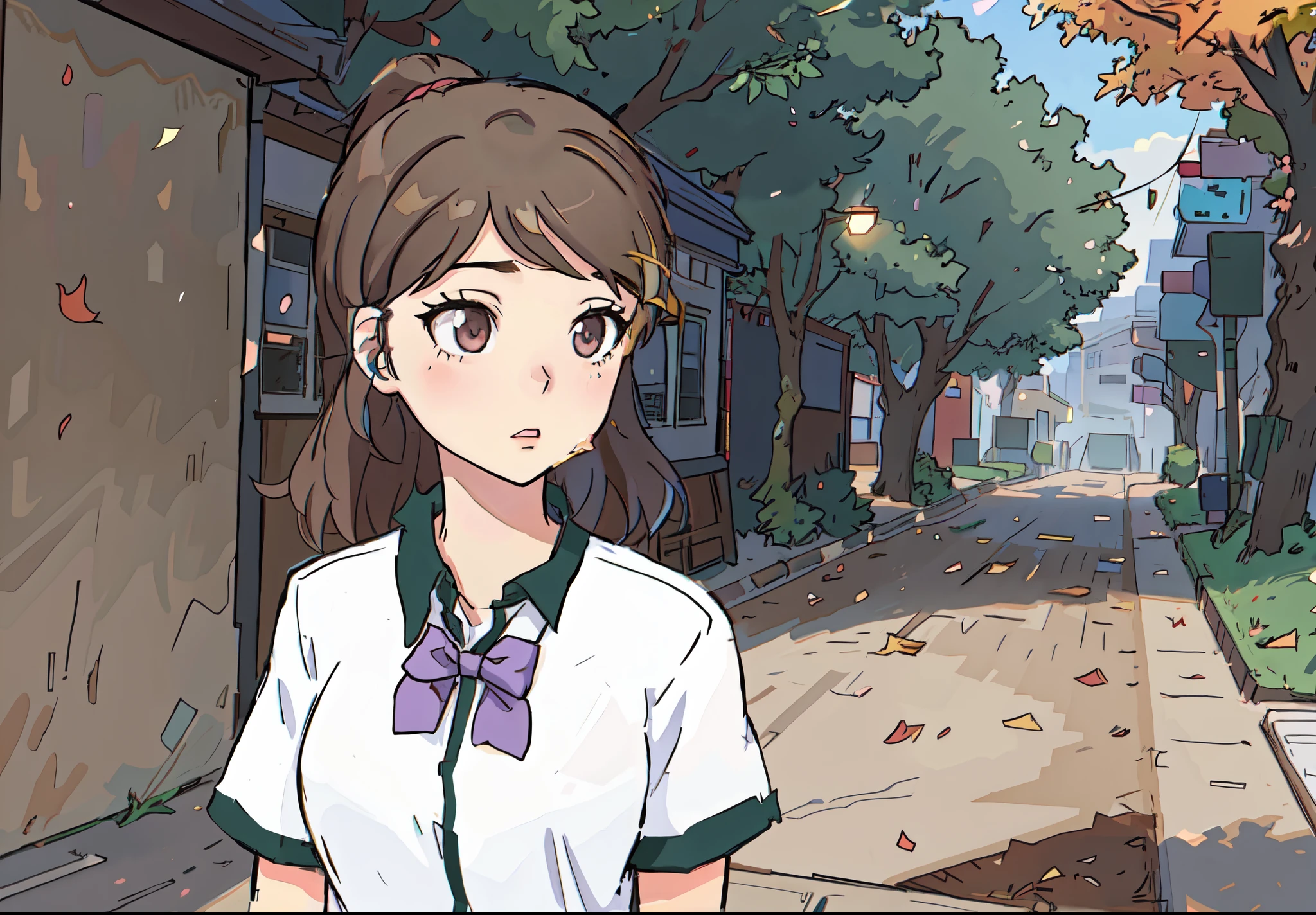 Anime girl in a school uniform stands on the street, visual novel cg, beautiful anime high school girl, anime visual of a cute girl, in anime style