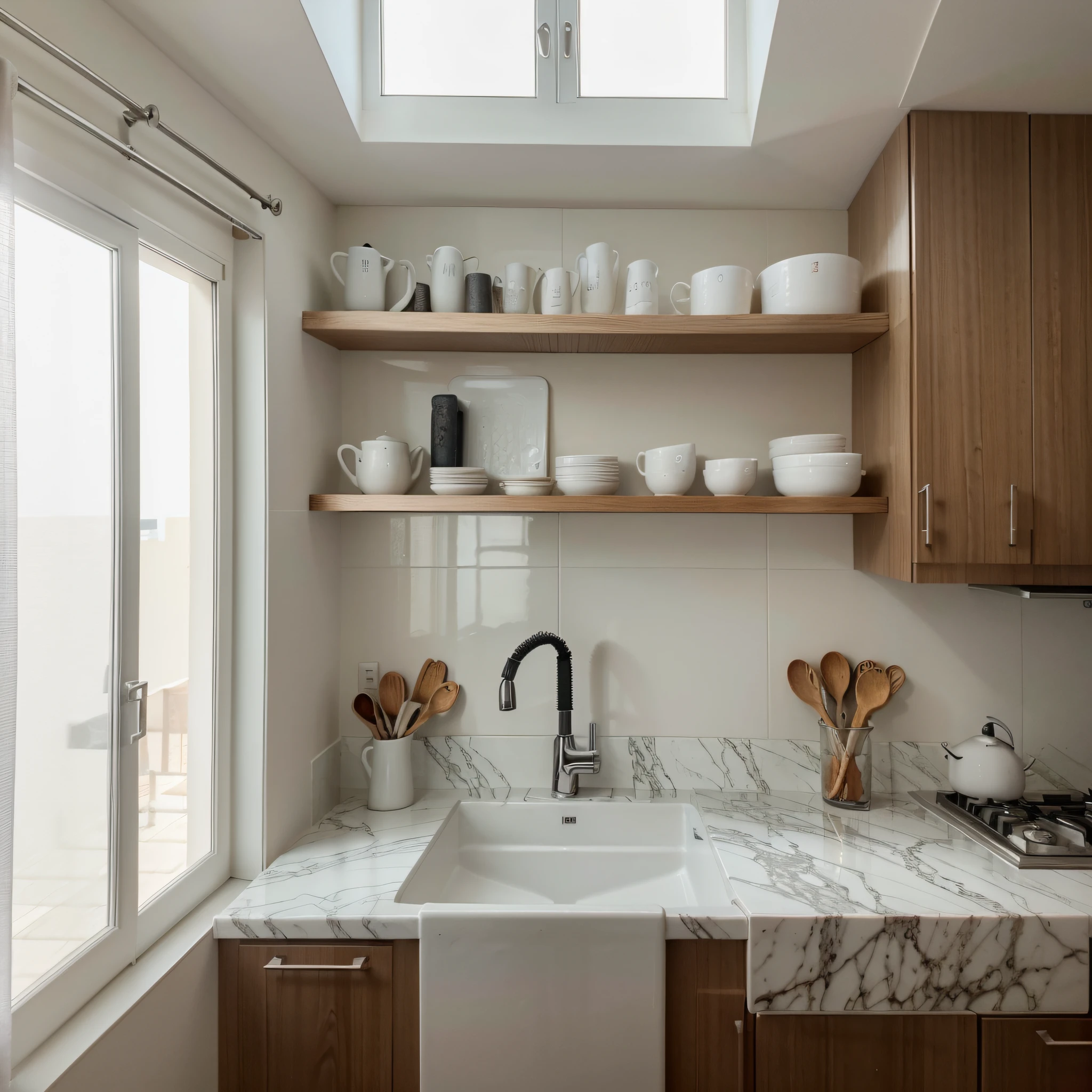 imagem de uma cozinha planejada, com 2,95 metros de altura, 6 metros de largura, 4 metros de comprimento, com moveis planejados, dark marble kitchen sink, com uma torneira cromada de mesa monocomando, com piso amadeirado, woody kitchen cabinets with offwhite, some kitchen utensils, prato, talheres, panelas, flores, dando foco na torneira, detalhado , with a curtain on the window behind the tap, natural lighting and studio, 4k ultra detalhado