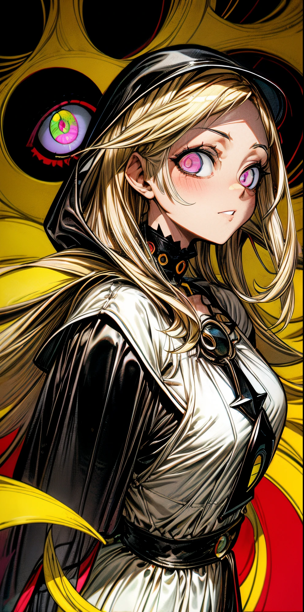 (Obra maestra, una mujer hermosa La mejor calidad),, Closeup, fondo, colores oscuros, highest qualityr, Detalles asombrosos, Arte lineal, 80s anime style, miedo, horror, Teary, ((dientes puntiagudolanco y negro, blonde brunette, camisa negra,ojo heterogromia,((ojos de gato))ojos en todos lados