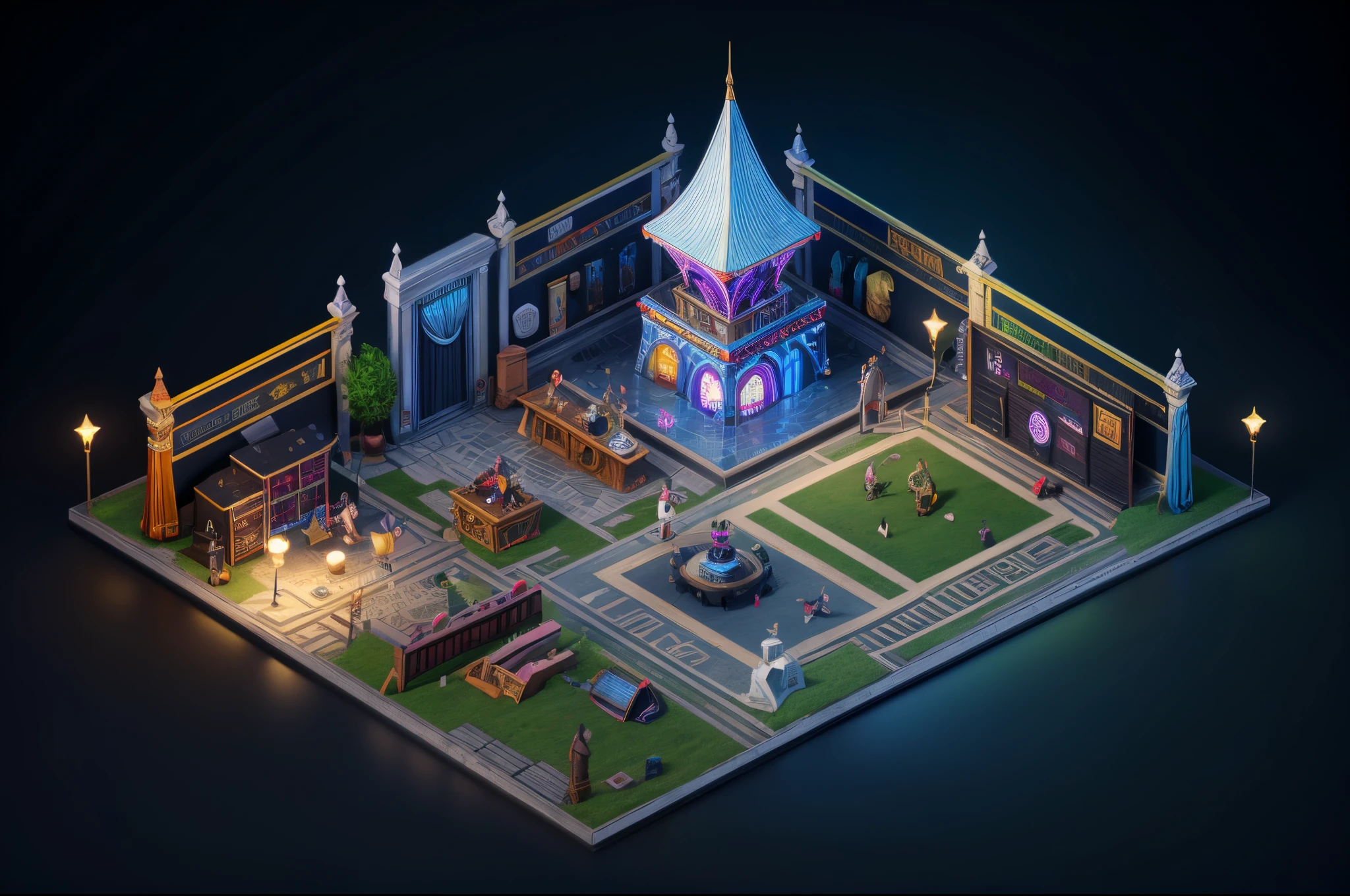 isometric carnival, RPG scene, unreal engine, dark background