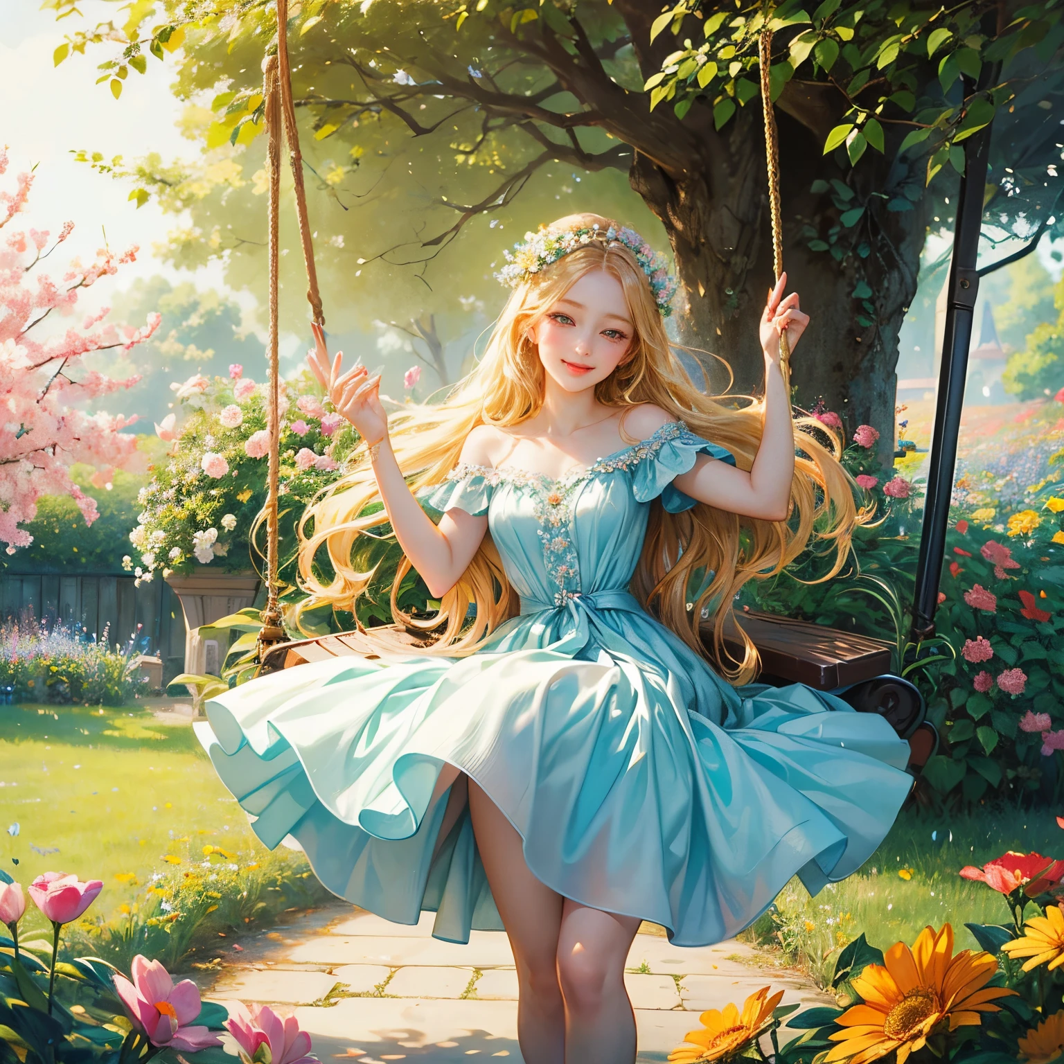 concept-art、❴Beautiful girl riding a swing in a flower garden❵、❴kawaii faces❵、Clear skin、Beautiful smile、A look that captivates viewers、(Fantastical）、Glamorous depiction、Accurate composition、Masterpiece、4K