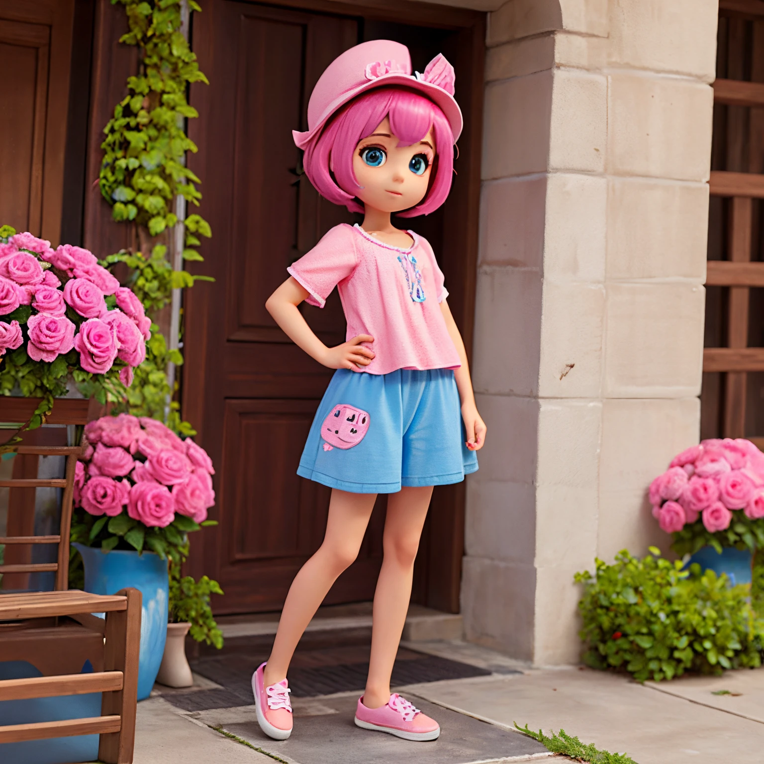 Menina cabelo maria chiquinha marrom blusa rosa short azul escuro sapatos rosa olhos rosa