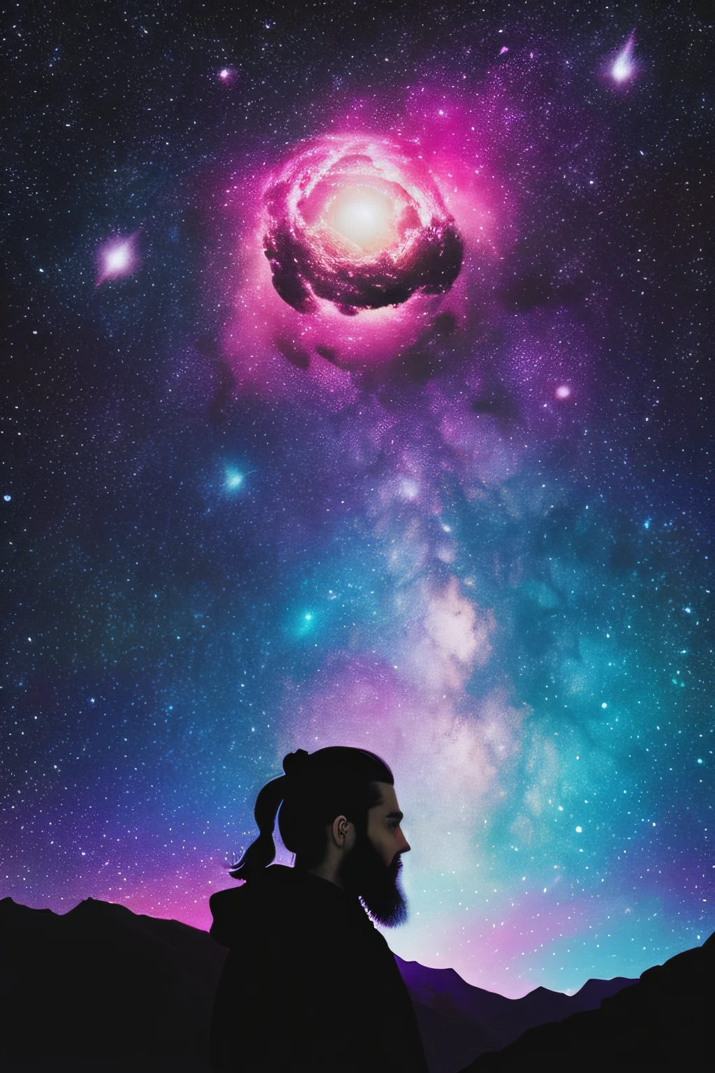 silhouette beard and manbun, pink and blue planet in space, stars, galaxies, clouds