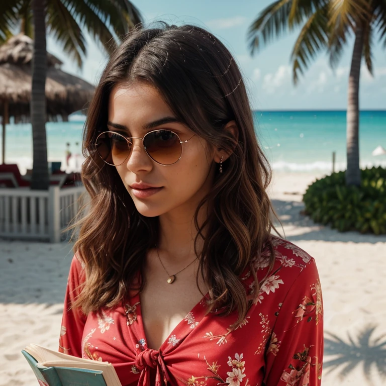 /save ID, photography of a stunning girl, full body view, wearing classy red summer clothes,, natural bust, wavy hair, intense look, happy, symmetrical eyes, symmetrical face, photorealistic, photography, path tracing, volumetric face light, path traced hair, visible shadows, intricate, elaborate, hyper realistic, instagram photo's, with friends, reading book, miami beach, sunglasses