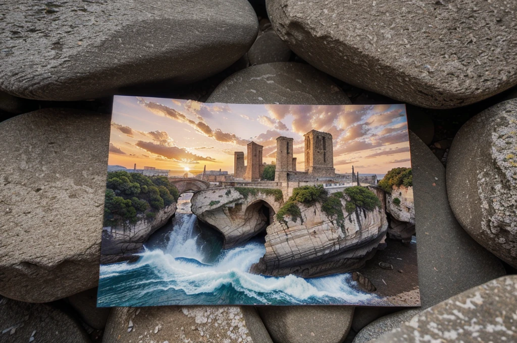 (hand-drawn postcard on a rock, ultra-detailed brushstrokes, a mosaic of distorted world landmarks)