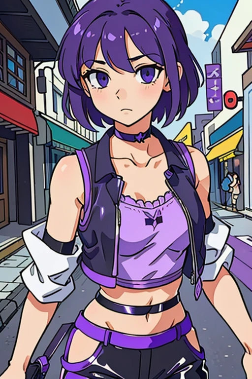 (best-quality:0.8), (best-quality:0.8), perfect anime illustration, pretty woman walking through the city, short purple hair, violet vest, midriff, bare shoulders, black latex pants, choker
