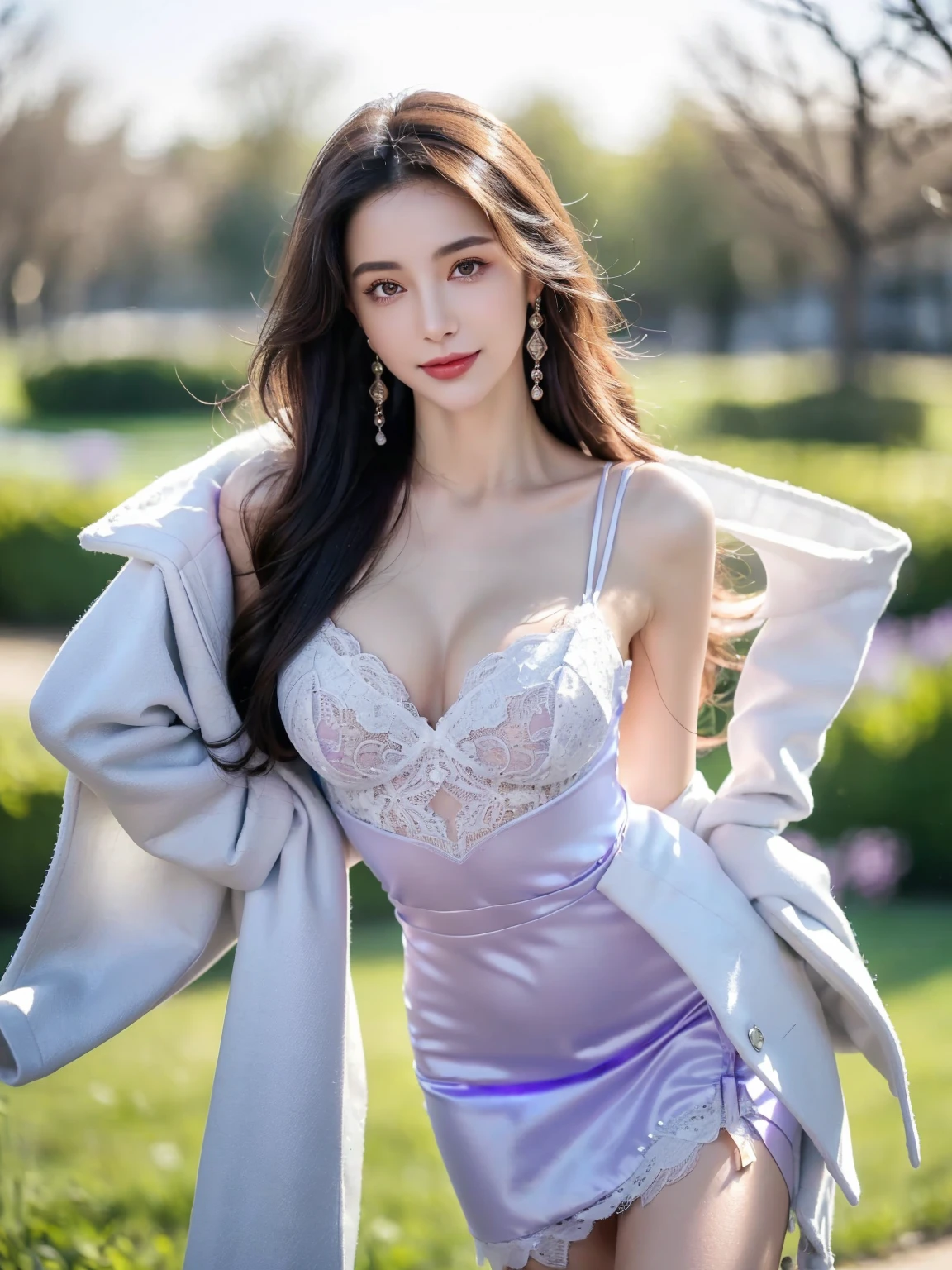 (8k, RAW photos, best quality, tmasterpiece:1.5), (realistic, photograph realistic:1.5), masterpiece, best quality, High detail, Best image quality, super detailed, high resolution, Very detailed, Best quality, Extreme detail description, hyperdetailed painting, (An extremely delicate and beautiful work), ((standing)), Beautiful detailed girl, Very detailed eyes and face, Beautiful detailed eyes, Masterpiece, fair skin, hazy beauty, very detailed facial, detailed skin structure, perfect anatomy, ((perfect body)), Beautiful detailed whole body, delicate face, exquisite body, fine collar bone, lovely lips, Behind the softness, adorable, ((slim waist)), ((big breasts)), ((cleavage)), big breasts beautiful, big breasts enchanting, ((smile:1.2), (seductive look, soulful eyes, glowing eyes), beautiful and black eyes, (brunette color hair), ((Enchanted expression)), seductive pose, ((An extremely detailed and elegant thin lace lavender shirt)), ((white wool coat)), head gear, highly detailed, curled hair, delicate necklace, Delicate earrings, Simple blurred background, ((view over park)), ((the night)), physically-based rendering, ((the body from the thighs up)), looking to viewer