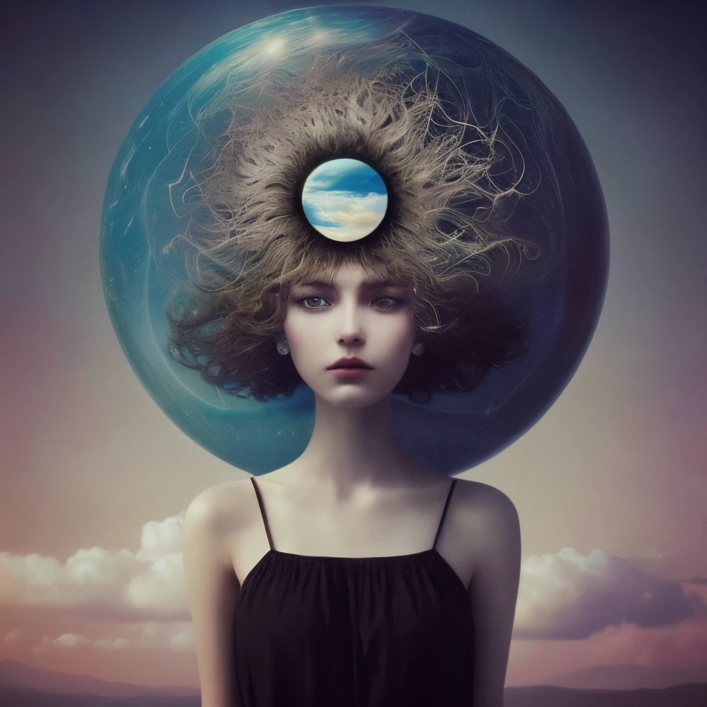 (girl, surreal art), (best quality, highres, masterpiece:1.2), ultra-detailed, vibrant colors, dreamy atmosphere, beautiful detailed eyes, flowing hair, floating objects, mystical landscape, glowing sunrays, ethereal beauty, whimsical elements, magical realism, surrealistic vision, soft pastel palette, intricate details, otherworldly ambiance, fantasy vibes, captivating composition, mesmerizing textures, intricate patterns, mysterious aura, surrealistic fantasy, delicate brushstrokes, enchanting glow, extraordinary imagination