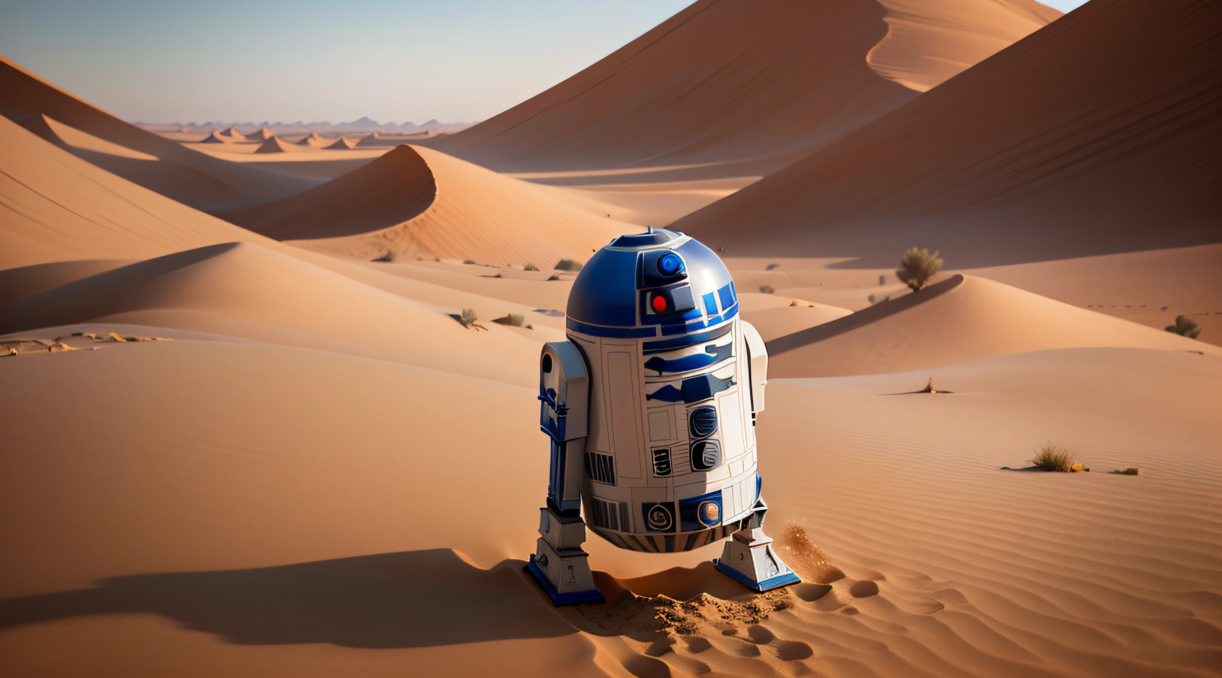R2D2 seul au premier plan, in the desert of TATOOINE. sable. lighting cinematic. highly detailed. beau. Chef d'oeuvre. Angle dynamique. chaleur. danger.