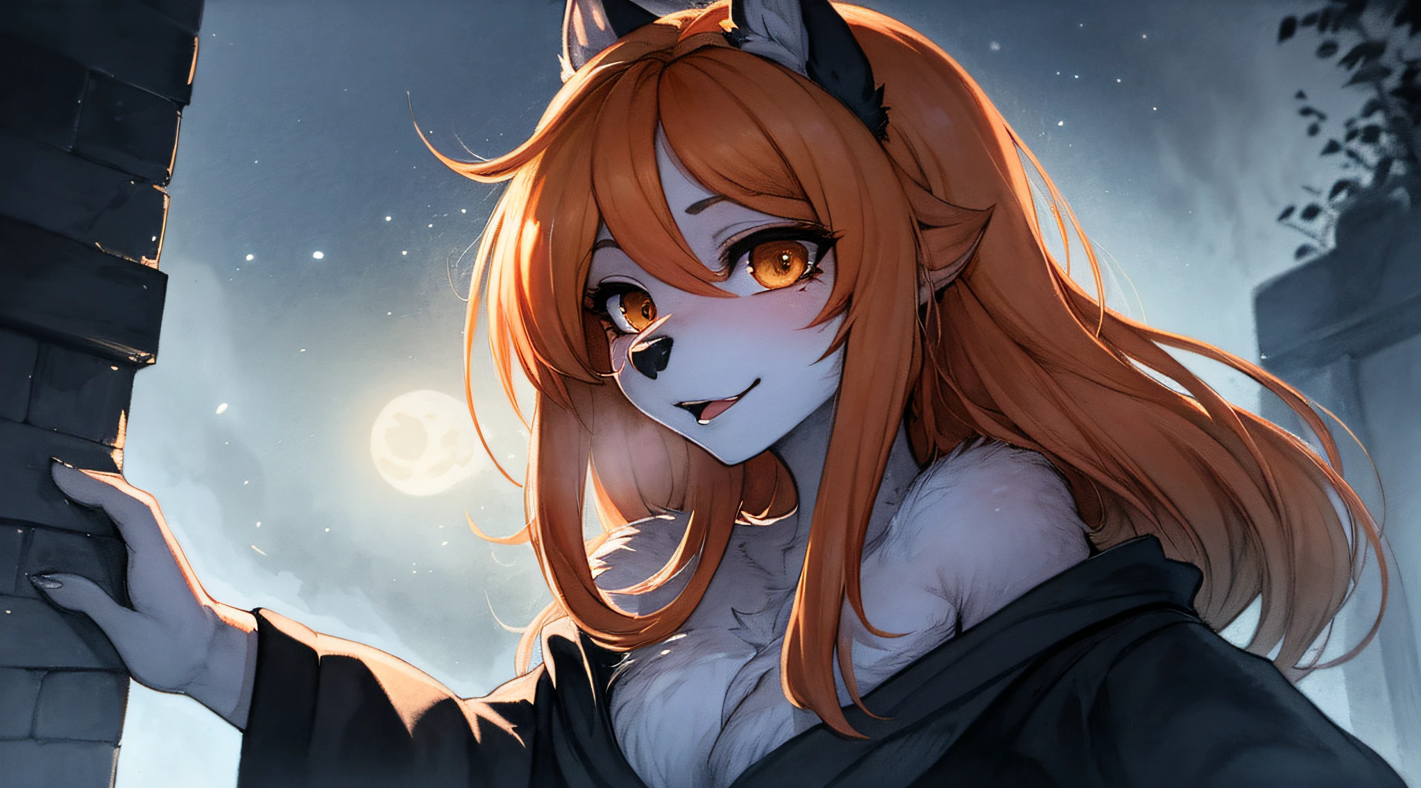 tmasterpiece， Best quality）， （（1 werewolf girl， own， Long gray hair））， ， Tianwuxie expression and hairy arms， hairy shoulderurry neck， aquarelle， blue_The subject， natta， thin fog， Dark， Focus Clear， bigger， ， orange color hair