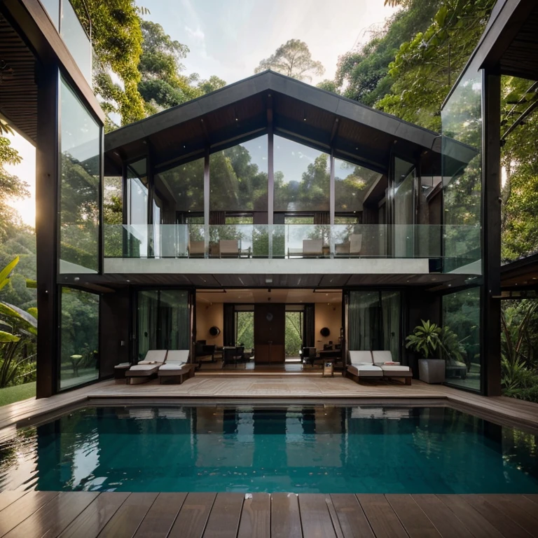 Generate a maximum quality image, with advanced details and cinematic style, that depicts an extraordinary futuristic house located in Thailand. The house must be integrated into a lush old-growth forest landscape. Highlight the facade of the house, composed mainly of glass walls, allowing a panoramic view of the surrounding nature. Be sure to capture the unique interplay between modern architecture and the natural landscape, emphasizing the home's refined details and harmony with its lush surroundings.