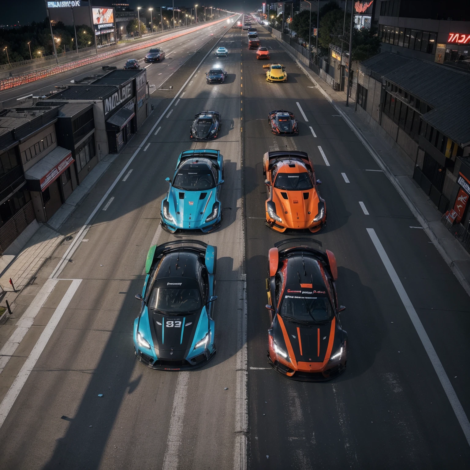 (best quality,4k,8k,highres,masterpiece:1.2),ultra-detailed,(realistic,photorealistic,photo-realistic:1.37),street race cars tuned turbo,racing,fast,energetic,action-packed,night race,crowded city streets,hustle and bustle,exciting overtakes,curvy tracks,vivid colors,blazing headlights,smoke and fire coming out of exhausts,sleek and aerodynamic cars,sharply detailed bodywork,polished chrome accents,sparkling reflections on the sleek surface,glowing brake discs and calipers,plumes of dust and gravel as they drift,dynamic angles and perspectives,thrilling racing maneuvers,accelerating speed and adrenaline rush,city lights creating a vibrant backdrop,flickering neon signs,playlist of intense electronic music,powerful engines roaring with an exhilarating sound,professional drivers with fierce determination,multiplayer competition,leaderboards and lap times,precision driving and split-second decisions,celebratory bursts of sparks and confetti at the finish line,thrilled audience cheering on the sidelines,neon-soaked victory scenes with trophy presentation,celebratory donuts and burnouts,detailed car customization options,enthusiastic car enthusiasts discussing strategies and modifications,high-octane energy electrifying the atmosphere.