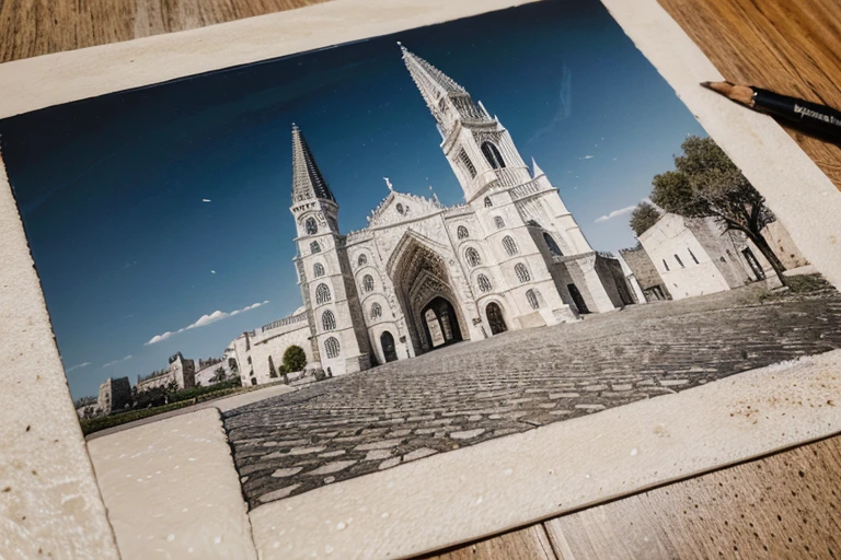 (Hand drawn white border postcard on stone, Super detailed brushstrokes, Distorted and spliced world landmarks)，ultra-quality，Super exquisite，super complex