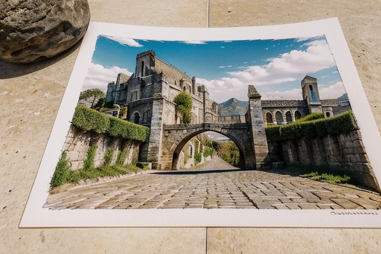 ((White thin border postcard on stone)),( Super detailed brushstrokes, Postcard with many world landmarks in hand drawn style)，Super quality，Super refined，super complex