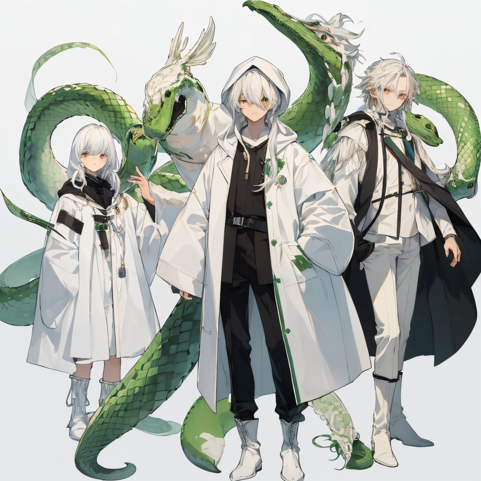 (masterpiece、top-quality、hightquality)、soio、15 year old boy alone、Comes with a white hood、The long-haired、white hair、standing on a white background、snake motif、Doctor Style、Laughed、long boots、verd s eyes、researcher、character designs、green and white