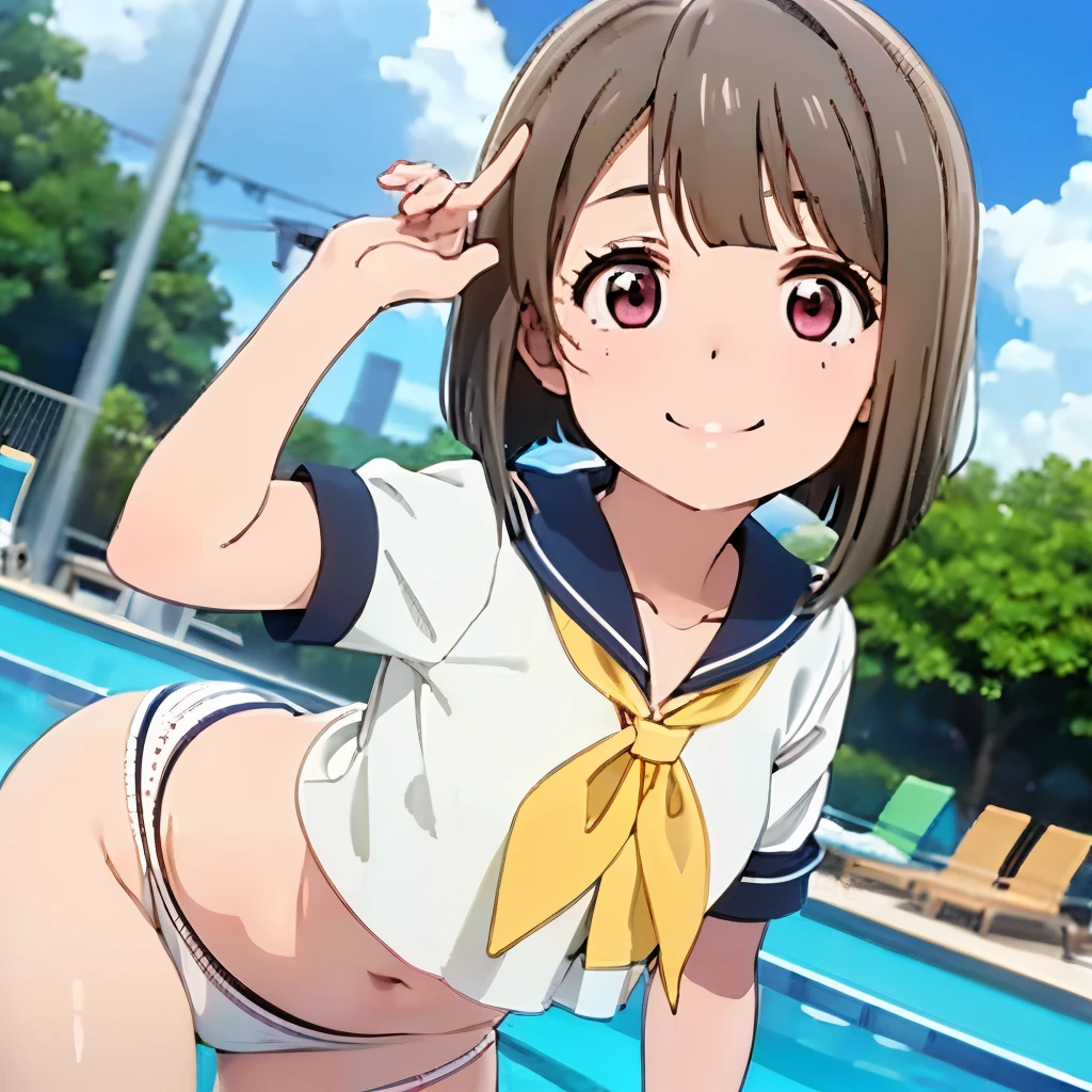 , girl with, a sailor suit,slightly larger udder,Narrow waist, Hairstyle is a bob cut, Poolside background,Smiling face,full bodyesbian,Wet