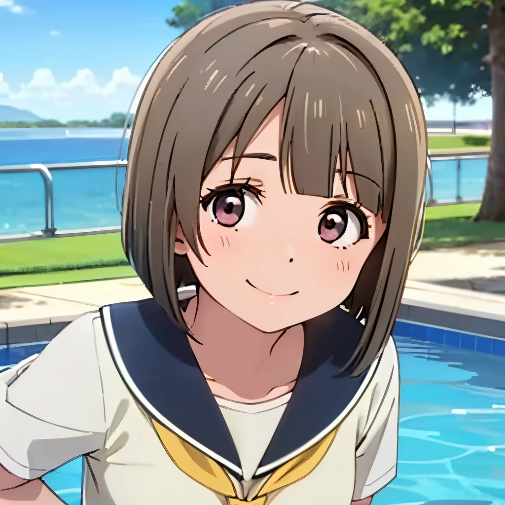 17 age, girl with, a sailor suit,slightly larger udder,Narrow waist, Hairstyle is a bob cut, Poolside background,Smiling face,full bodyesbian,A pose that says “come here”