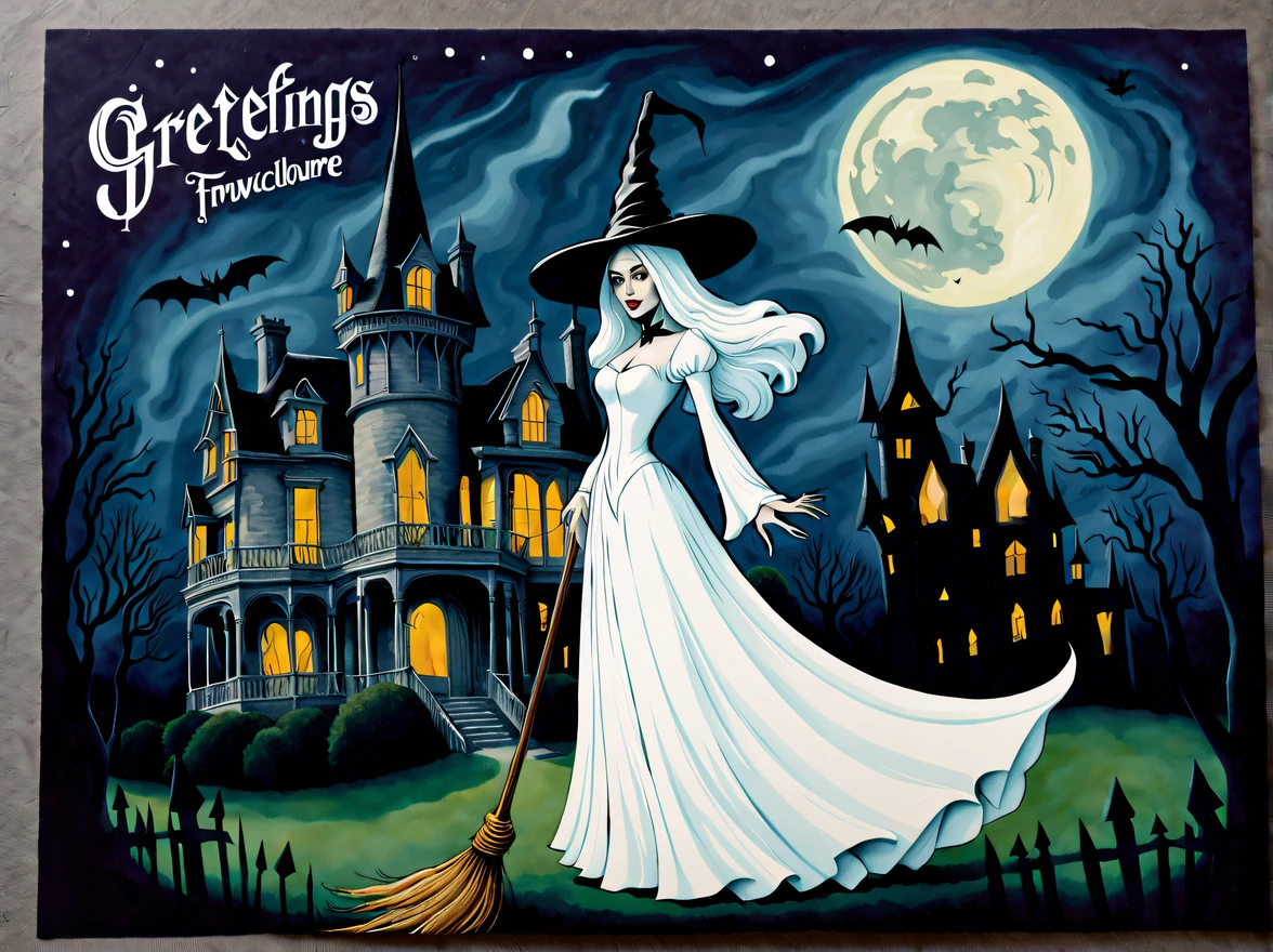 (vintage:1.3), (solo:1.3), (close up:1.3), design a (captivating gothic) ((((postcard)))) featuring a witch standing in front of a haunted mansion at starry night, the witch  dressed in a long flowing white gown, with a pointed hat and a broomstick, the mansion  old and decrepit, with spooky details and full moon casting an eerie glow, ((the postcard has handwritten text that reads "Greetings from the Wicked Witch's Lair)), mysterious and enchanting, More Detail