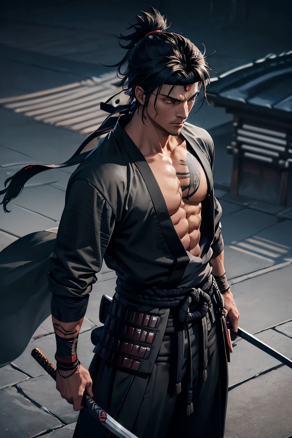 (best quality,ultra-detailed,photorealistic:1.37),portraits,blue kimono,muscular slim athletic physique,red eyes,black sandals,scarred,man,swords sheathed on hip,closed chest,messy black hair,string muscles,confident expression,determined gaze,body tattoos,dark background,sharp focus,light shining on the character, black headband, vagabond, samurai, ninja esque, ronin