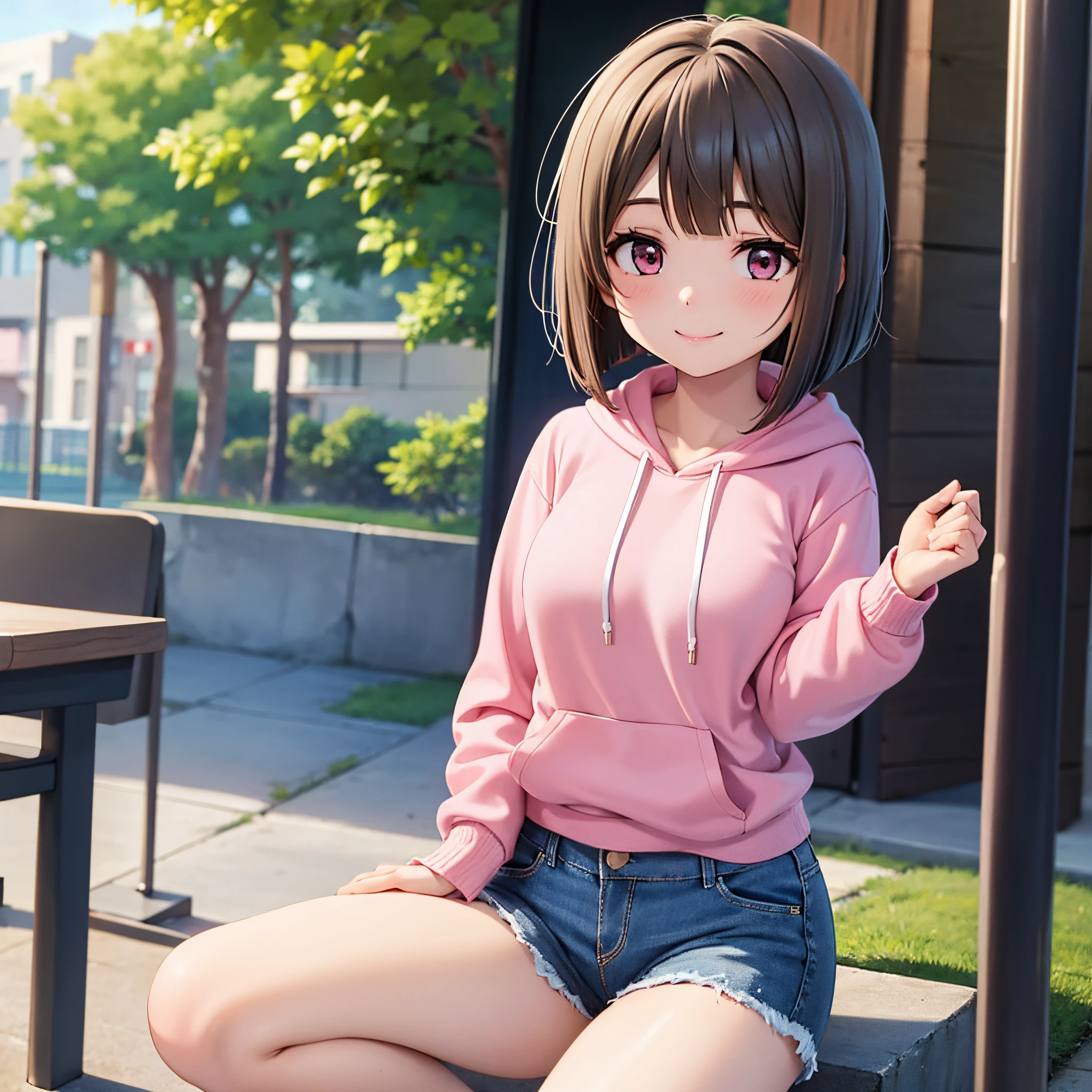 17 age, girl with, slightly larger udder,Narrow waist, Hairstyle is a bob cut, a smile,pink hoodie,navy blue denim shorts,Niso,School grounds