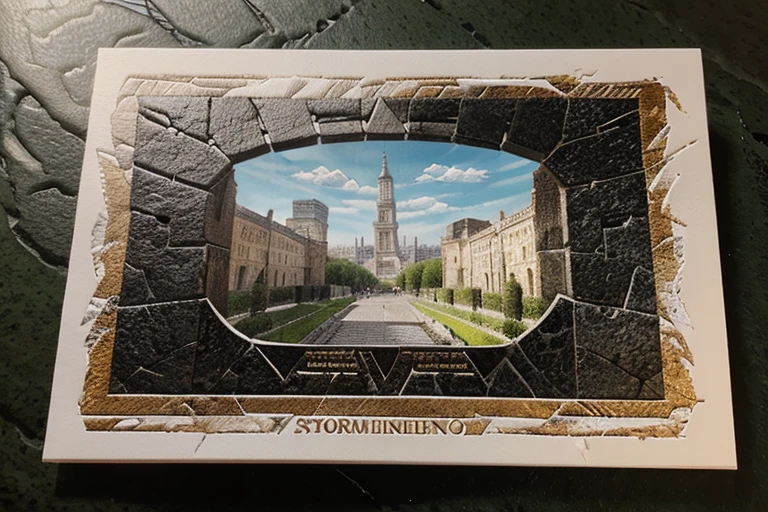 (White thin border postcard on stone, Super detailed brushstrokes, Mosaic of world landmarks),Super quality,Super refined,super complex