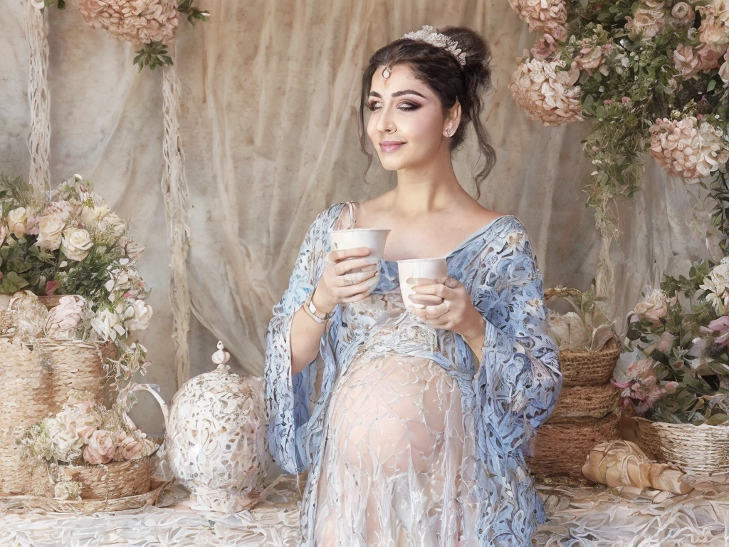 (1 woman) perfect face, makeup, AmyLee2-anime, very_pregnant, Iced_Latte_With_Breast_Milk, beautiful face, perfect face, masterpiece, apron, holding cup, ((9 months pregnant)), (best quality, 4k, 8k, highres, masterpiece:1.2), ultra-detailed, (realistic, photorealistic, photo-realistic:1.37), vibrant colors, soft natural lighting, fine brushstrokes, glossy finish, stunning details, stylish makeup, flawless skin, mesmerizing eyes, rosy cheeks, lush eyelashes, expressive eyebrows, luscious lips, radiant smile, youthful appearance, fashionable attire, trendy hairstyle, confident stance, serene garden backdrop, gracefully capturing the essence of motherhood.