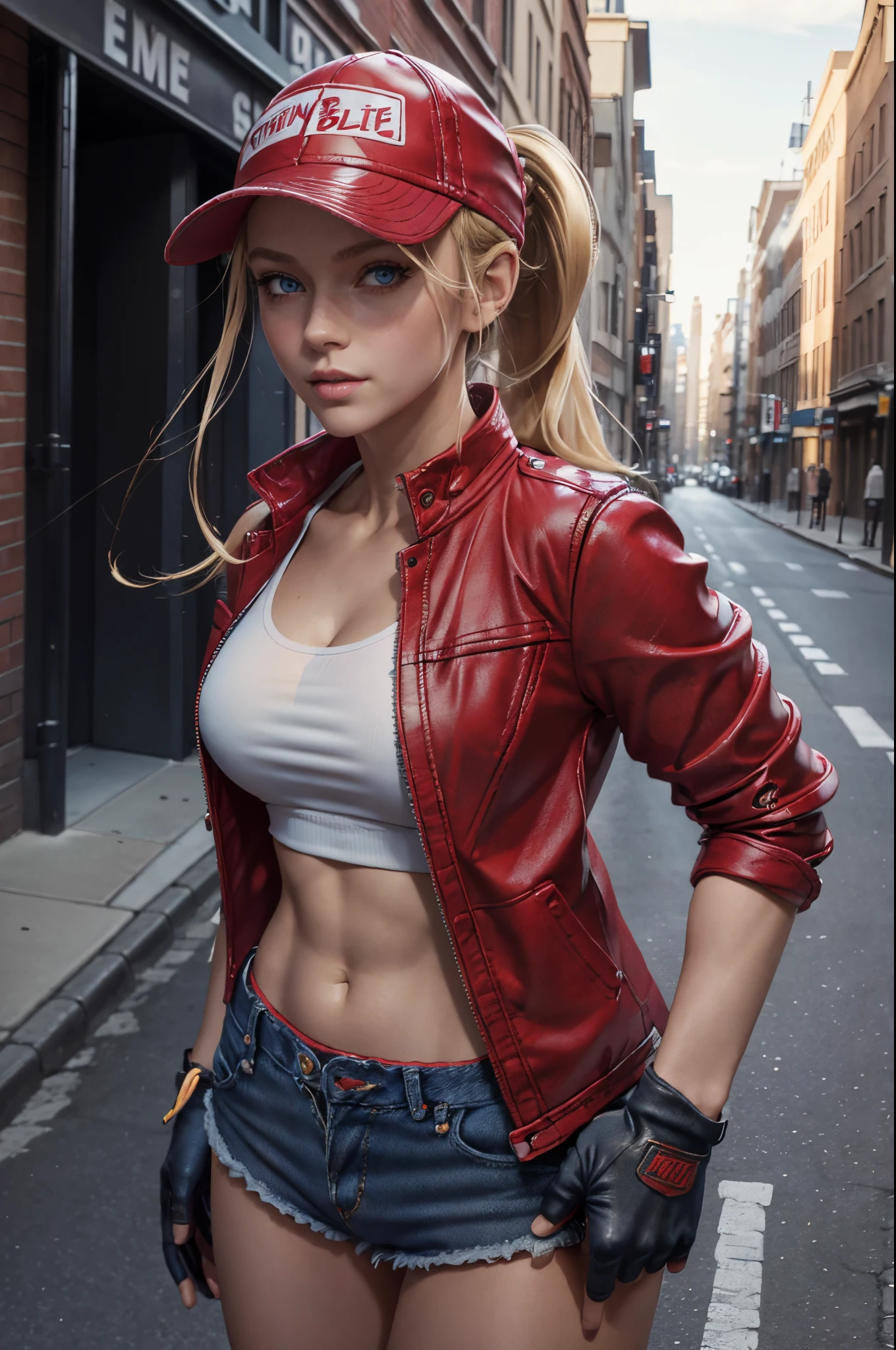 (masterpiece), best quality, expressive eyes, perfect face, highres, (8k), (perfect face), (ultra details), 1 girl, solo, terry bogard girl, blonde hair, ponytail, blue eyes, long hair, red short jacket, baseball cap, fingerless gloves, denim shorts, shoes, street background, leaning forward, , standing, portrait, looking at the viewer