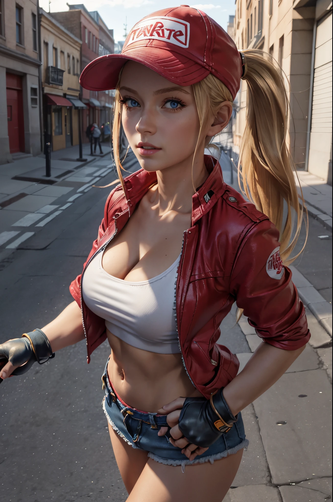 (masterpiece), best quality, expressive eyes, perfect face, highres, (8k), (perfect face), (ultra details), 1 girl, solo, terry bogard girl, blonde hair, ponytail, blue eyes, long hair, red short jacket, baseball cap, fingerless gloves, denim shorts, shoes, street background, leaning forward, , standing, portrait, looking at the viewer