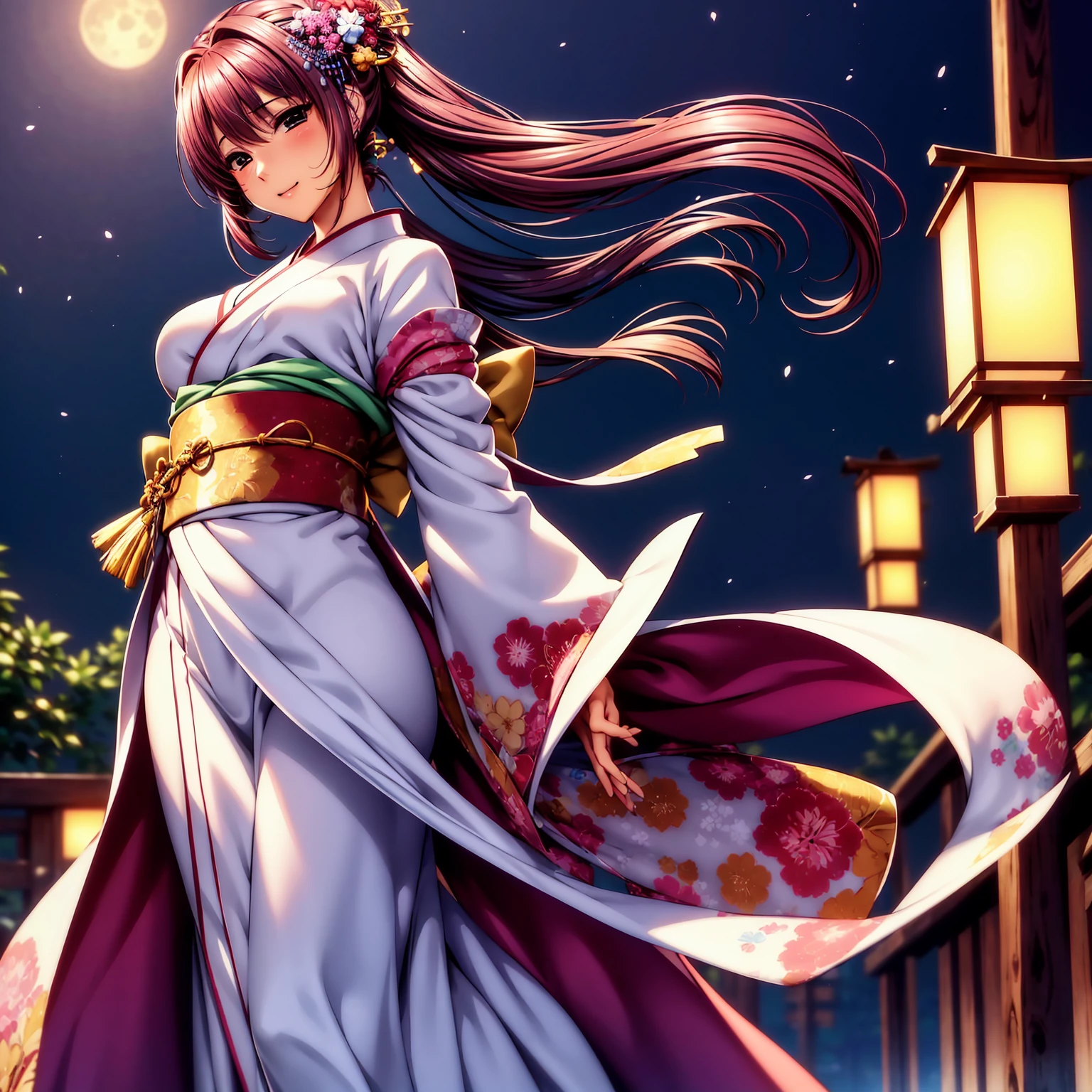 (top-quality、​masterpiece、very high res、超A high resolution,High resolution details 1.5)、A woman of perfect and ultimate beauty(24 years old 1.5)、(Beautiful breasts and body shape 1.5)、Beautiful body、美丽的面容、large pink,Long hair,colorful and beautiful hair、Japan hair ornament,realistic textured skin,Wearing a beautiful Japanese long kimono,Kimono has colors and patterns.,Kimono sleeves and obi are long,Arms outstretched,Exposed shoulders from kimono,I can see the cleavage,Bright smile,Mouth opens,Hair flutters under the influence of the wind,The sleeves and obi of a kimono flap due to the wind.,that is a mysterious place,Fantastic night sky and beautiful full moon,Lantern light,Beautiful Landscapes、(The whole body,thigh visible,accurate anatomy、extremely detailed picture、Accurate images、Perfect Image 1.5)、、beautiful anime woman, Beautiful Art Style, an animated character、The whole picture、Detailed picture、Defect-free images、natural soft light、beautiful image、、(Best Shot 1.2)