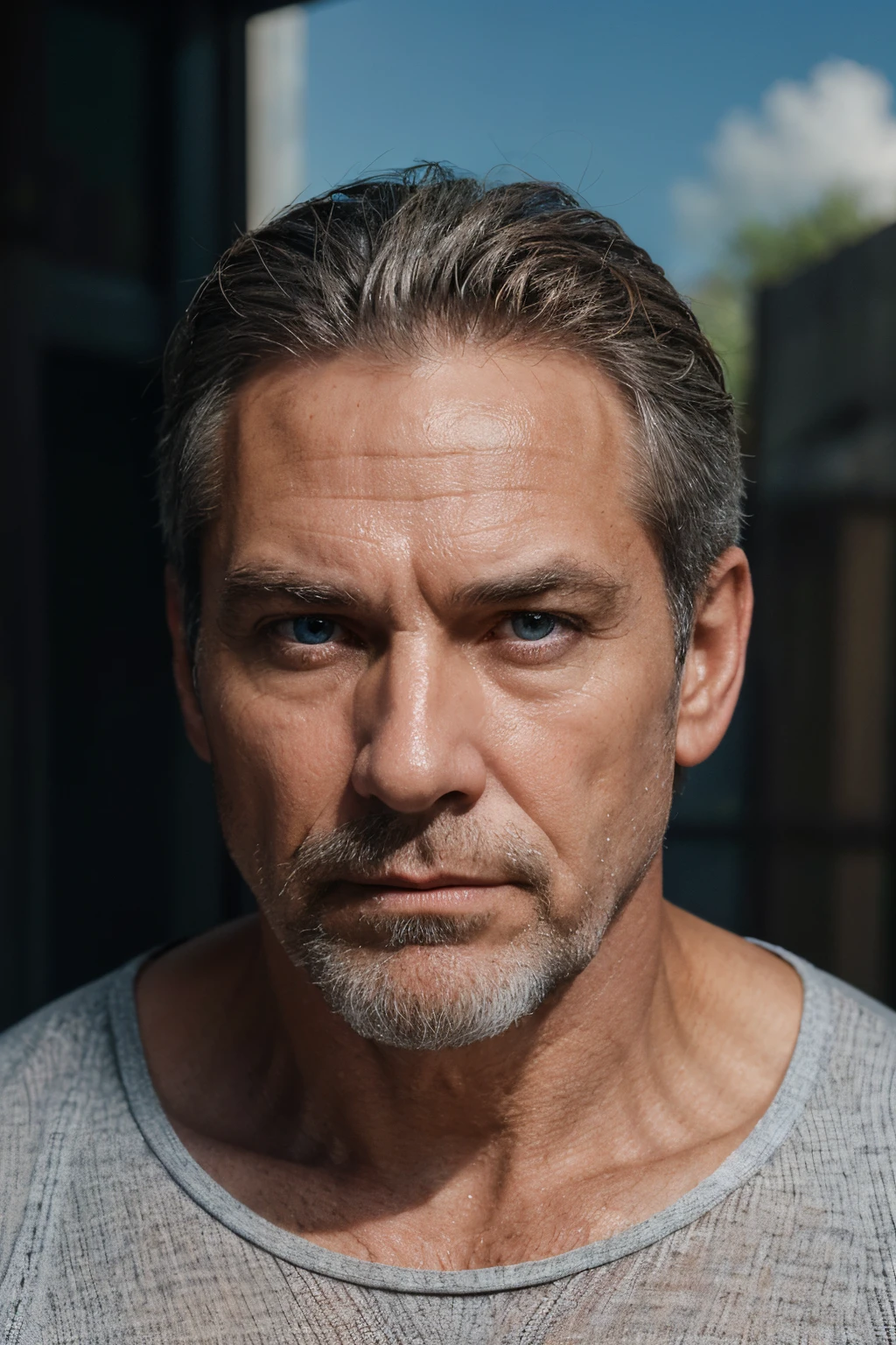 A 54-year-old man possesses a robust and masculine physique. His broad shoulders and well-defined features exude a sense of strength and vitality. With short, almost white, light gray hair and a well-maintained beard, he presents a mature and distinguished appearance. The piercing blue eyes convey a depth of experience, complemented by a stern expression that adds an air of authority. The overall image suggests a combination of resilience, maturity, and a strong sense of character.