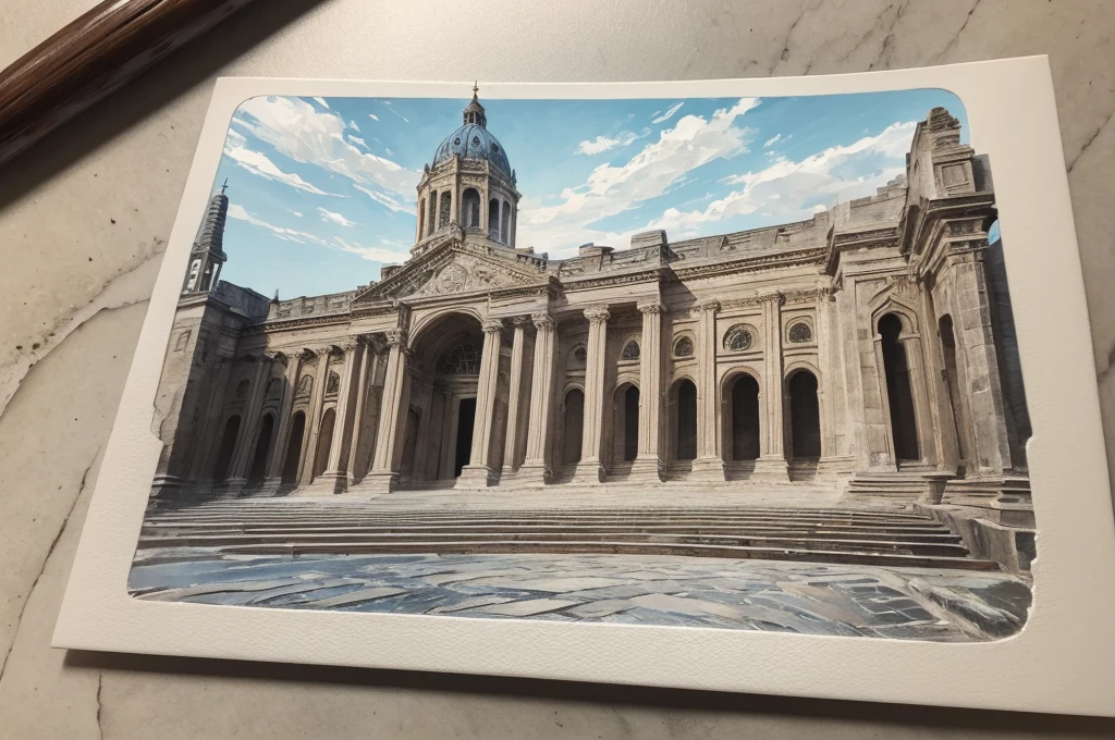 ((White thin border postcard on stone)),( Super detailed brushstrokes, Postcard with many world landmarks in hand drawn style)，Super quality，Super refined，super complex