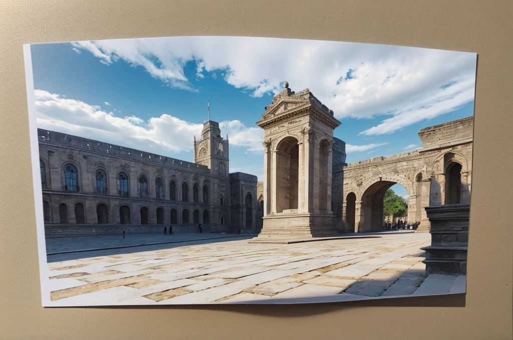 (White thin border postcard on stone, Super detailed brushstrokes, many world landmarks)，Super quality，Super refined，super complex