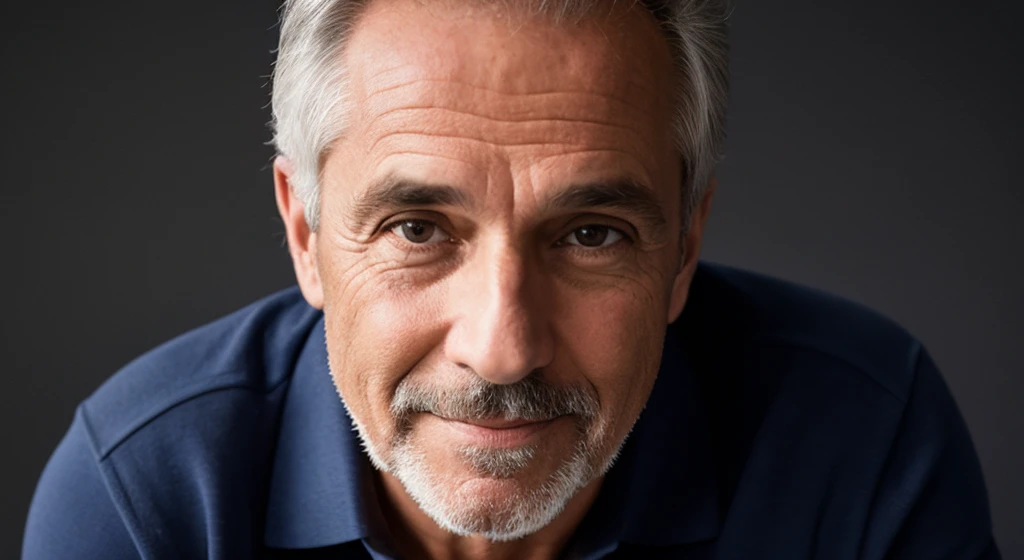 obra-prima, Um homem de 50 anos de idade, white and in a dark blue polo shirt sitting with a faint smile on his face looking into the camera, Black background with white lighting, fotografia modo paisagem