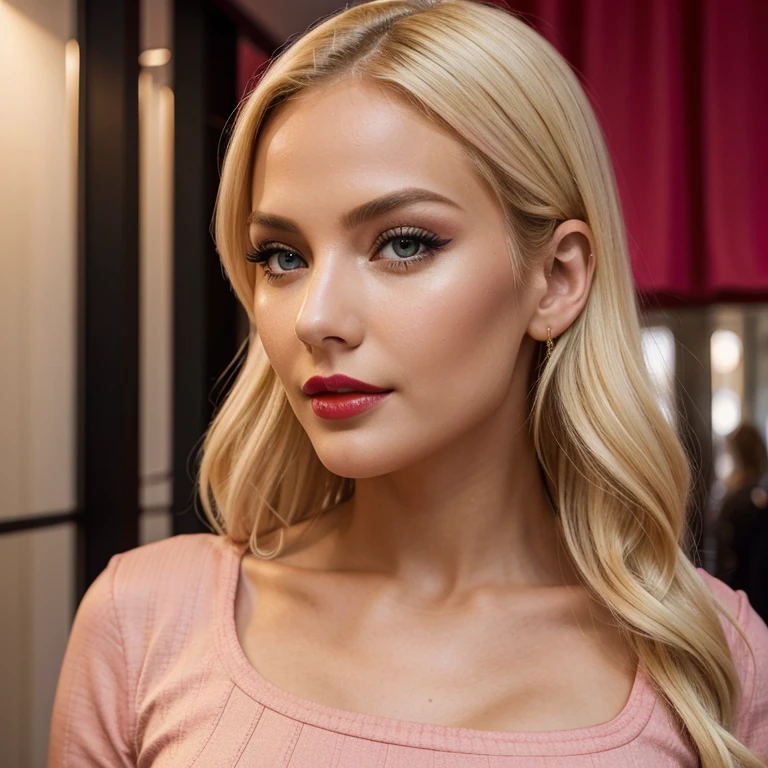 Fit blonde, perfect body, AIbeka, cherry red lipstick, 64k, makeup, full body, top-quality, hightquality, Extreme Detail Photography, Eye for extreme detail, masterpiece, extreme face details, 16k, 8k, 4K, HD, UHD, a beautiful woman, black Smartphone full visible, hot blonde babe with pink outfit pictured in the smartphone as instagram post