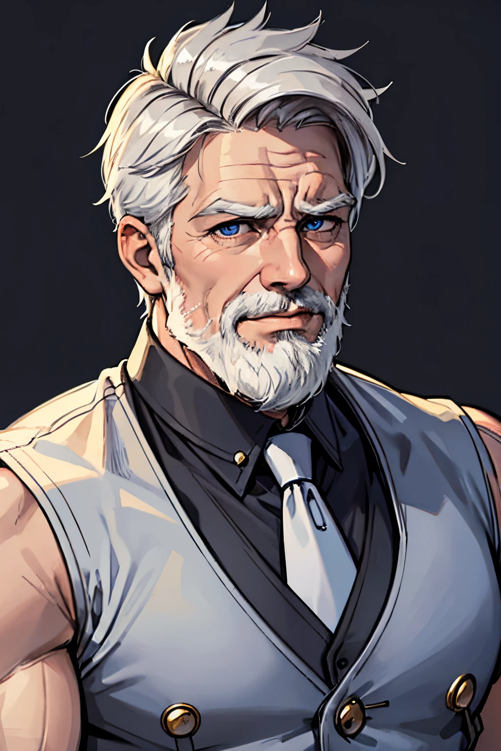 A 54-year-old man possesses a robust and masculine physique. His broad shoulders and well-defined features exude a sense of strength and vitality. With short, almost white, light gray hair and a well-maintained beard, he presents a mature and distinguished appearance. The piercing blue eyes convey a depth of experience, complemented by a stern expression that adds an air of authority. The overall image suggests a combination of resilience, maturity, and a strong sense of character.