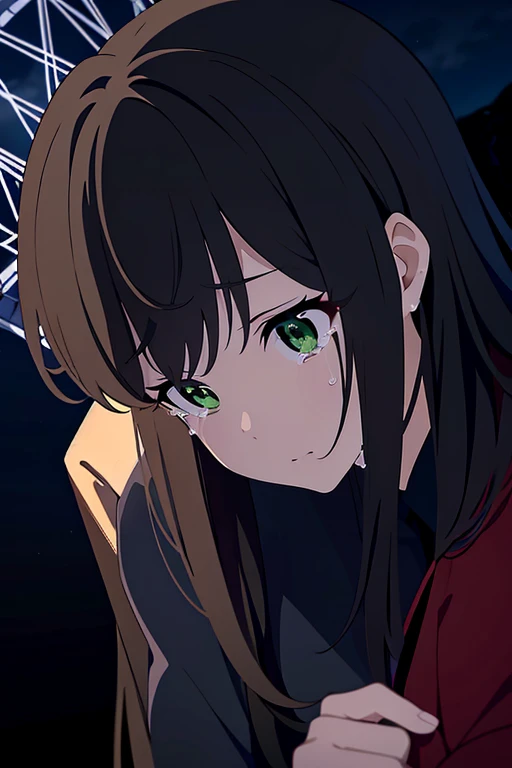 (masterpiece), best quality, perfect face, high quality, perfect anatomy, in the style of Chi no Wadachi, manga style, a woman, ((25 years old)), wearing a school uniform, crying, distraught face, surrounded by darkness, black hair, ((wide shot)), ((centered)), (distanced), (((in the distance surrounded by darkness))), downward head tilt, looking at viewer, expressive eyes, Ferris wheel in background, green eyes, , (perfect hand), tears welling in eyes:0.9, lighting, 1girl