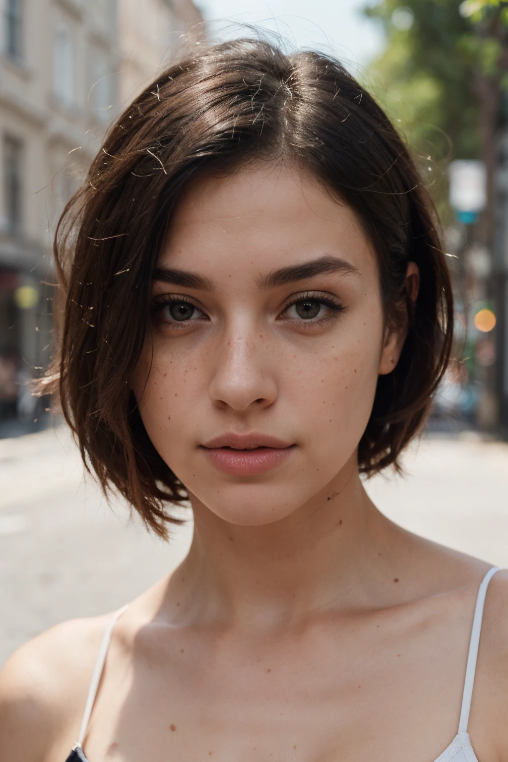realistic potrait photo of beautiful women with black hair , hair root slightly faded , influencers , light freckles , no makeup , instagram