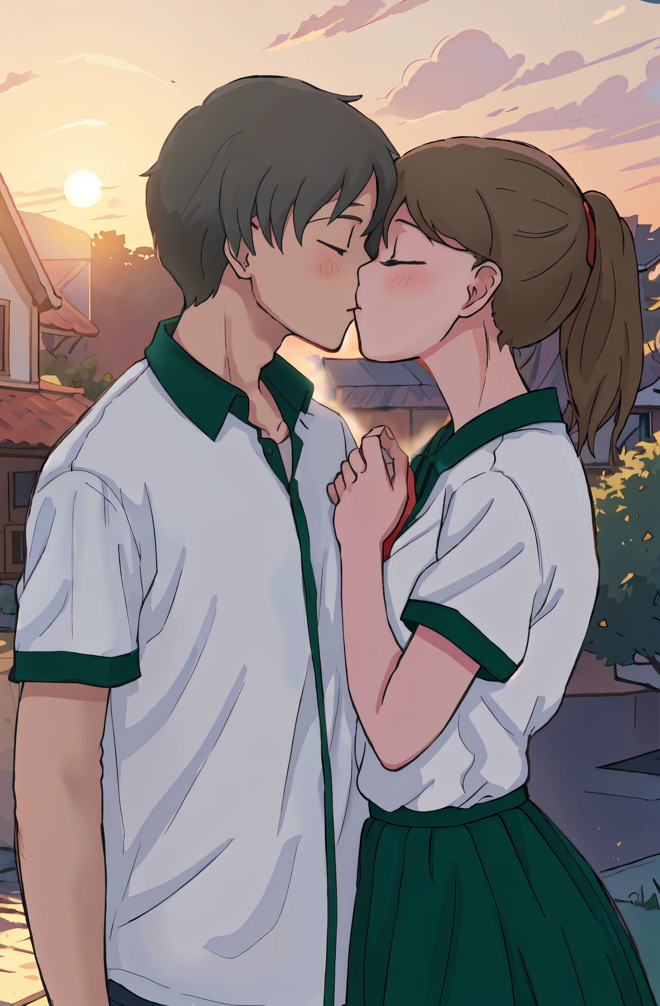 Anime couple kissing in front of a house at sunset, kissing together cutely, kissing together, The Romance of Shōjo, The first kiss of a peasant boy and a girl, kiss each other, lovely kiss, Wikihow, couple kissing, kissing, official arts, Gyula Marton Kiss ( Kimagu ), official fan art, cel shaded anime, couple pose, digital anime illustration